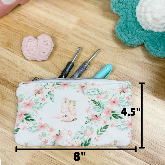 Pink Cowboy Boots & Green Floral Flat Quilted Pouch