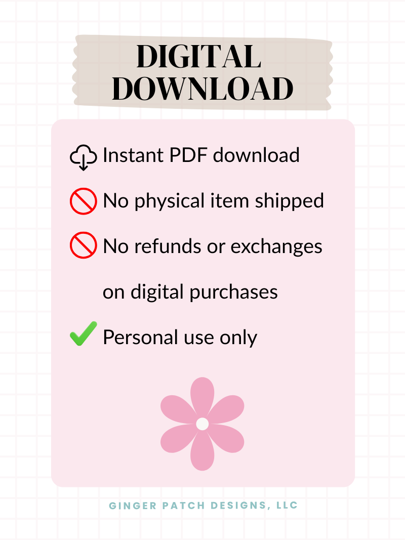 Digital download terms and conditions with a pink flower graphic on a light pink background.