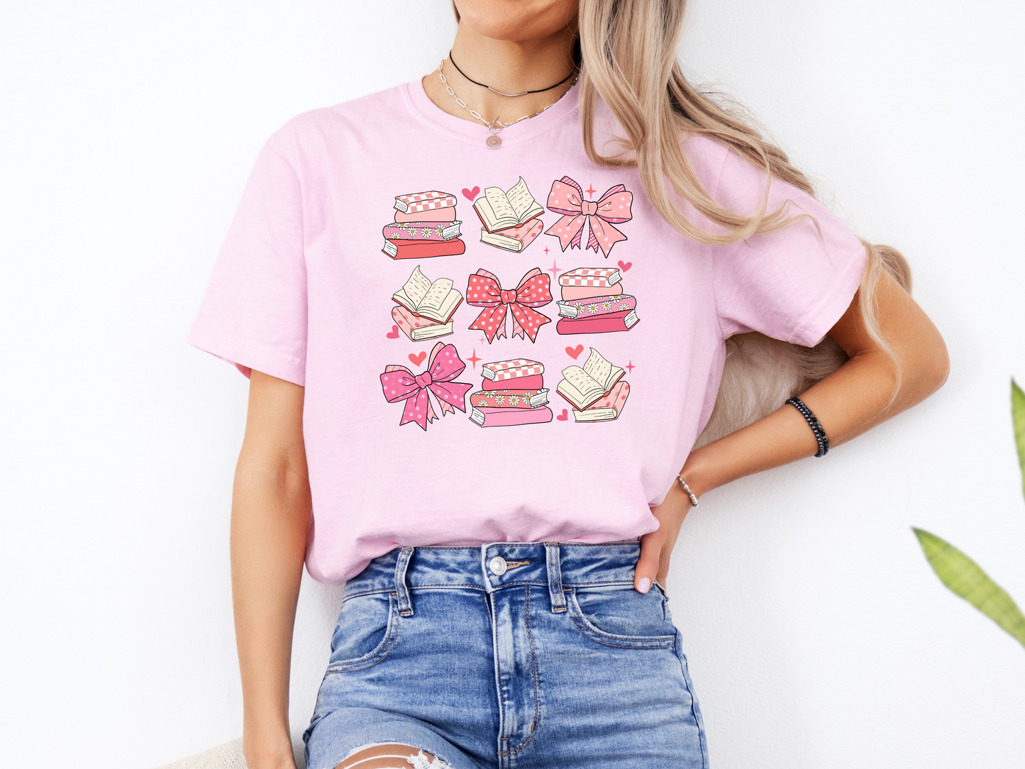 Pink Bows and Books T-Shirt, Pink Comfort Colors