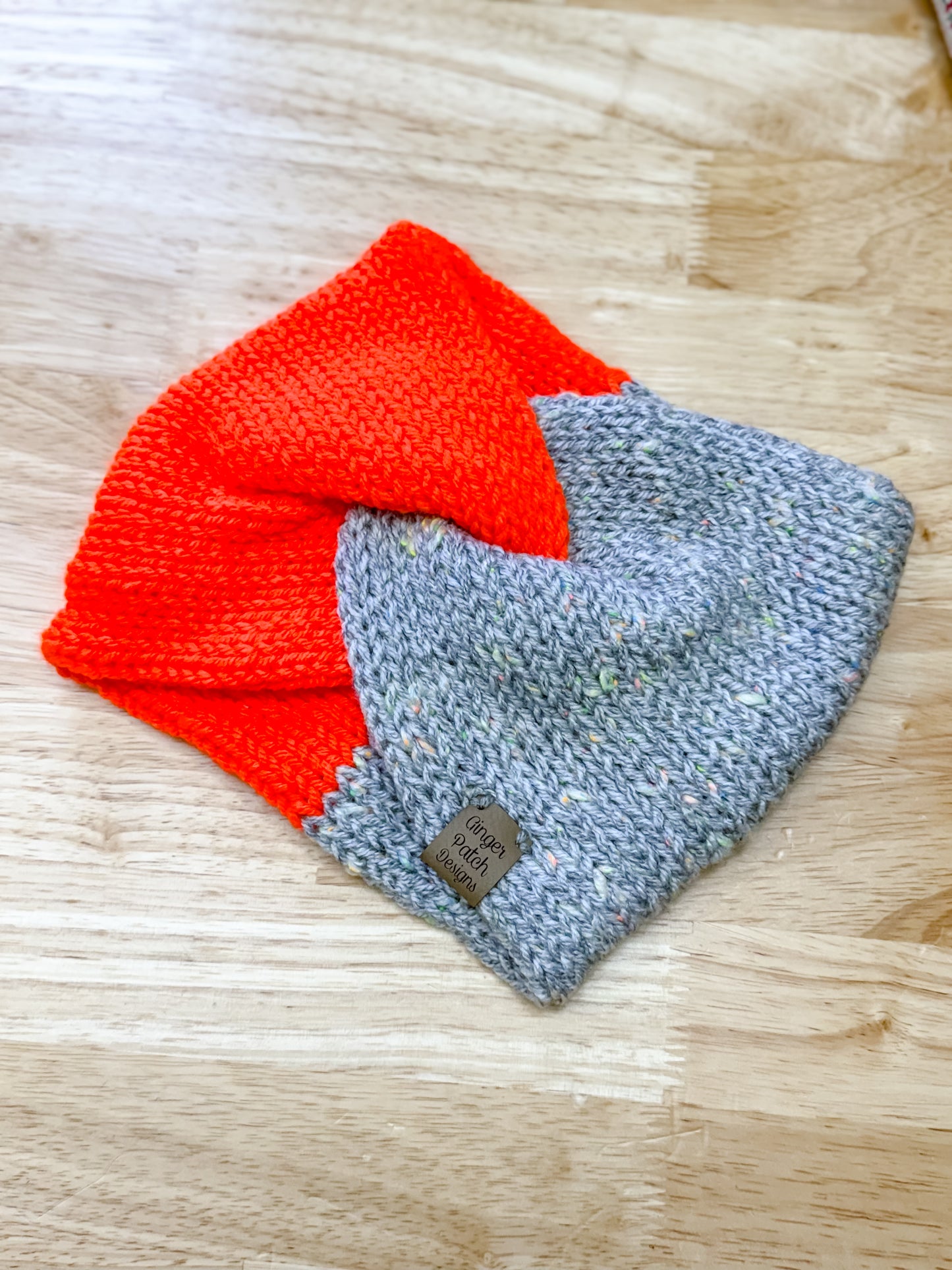Neon Orange & Gray Twist Knit Earwarmer
