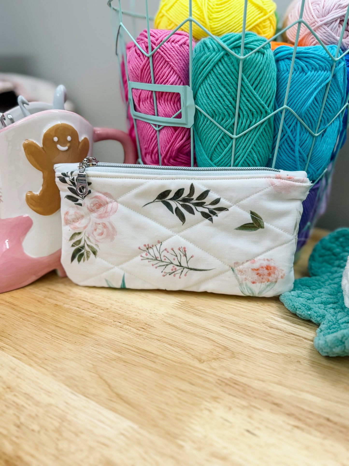 Boho Floral Blush Flat Quilted Bow Pouch