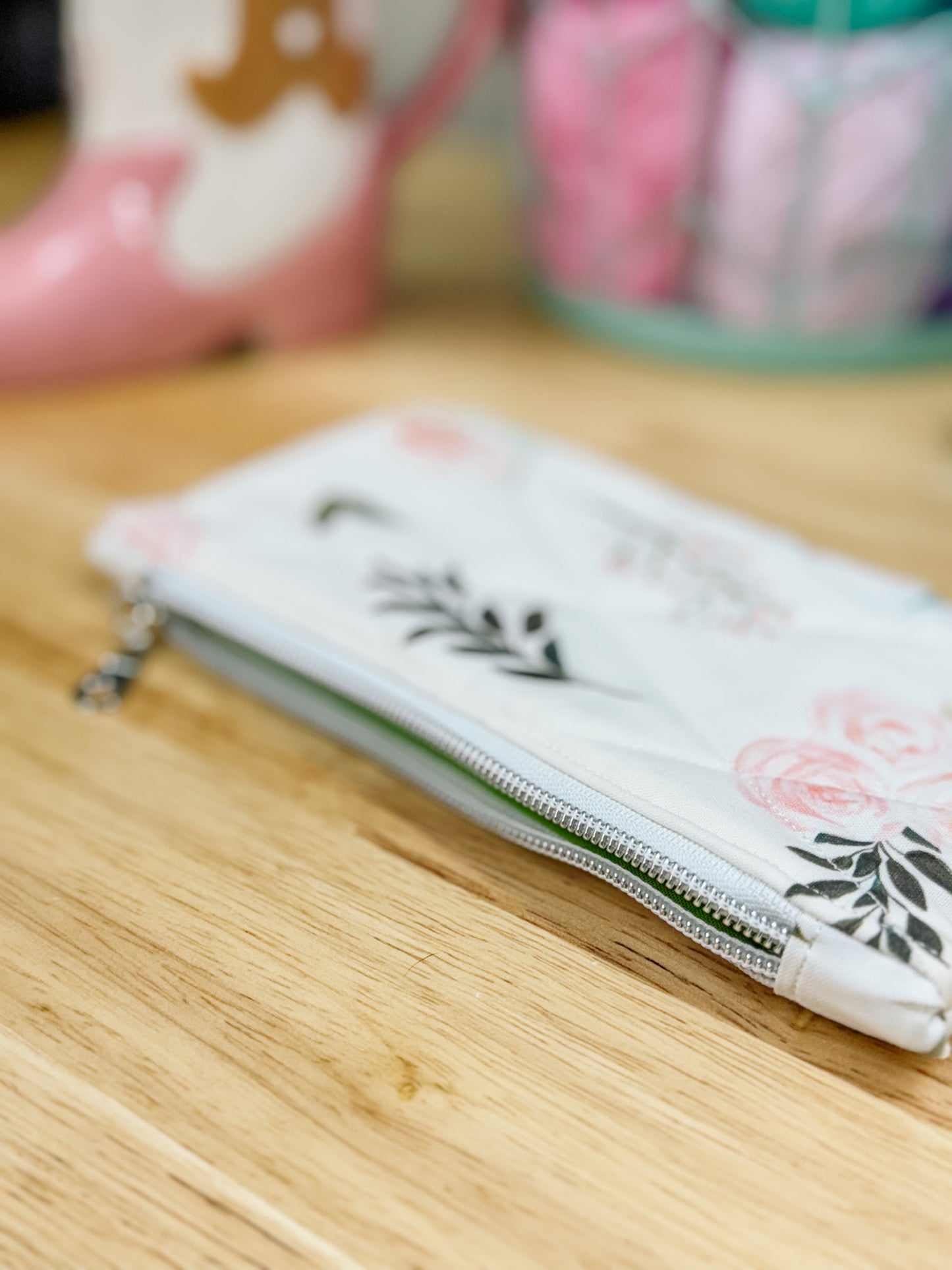Boho Floral Blush Flat Quilted Bow Pouch