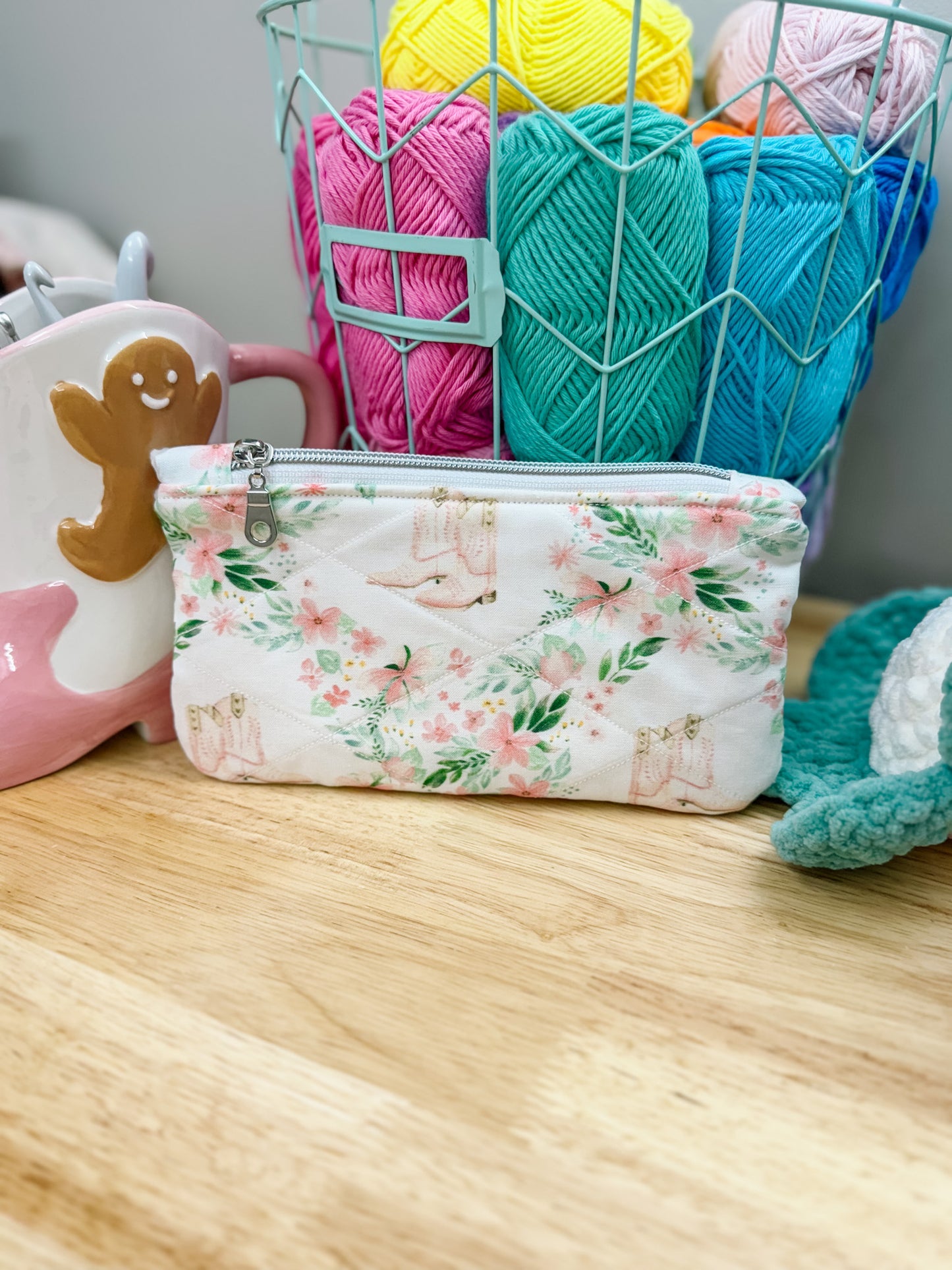 Pink Cowboy Boots & Green Floral Flat Quilted Pouch