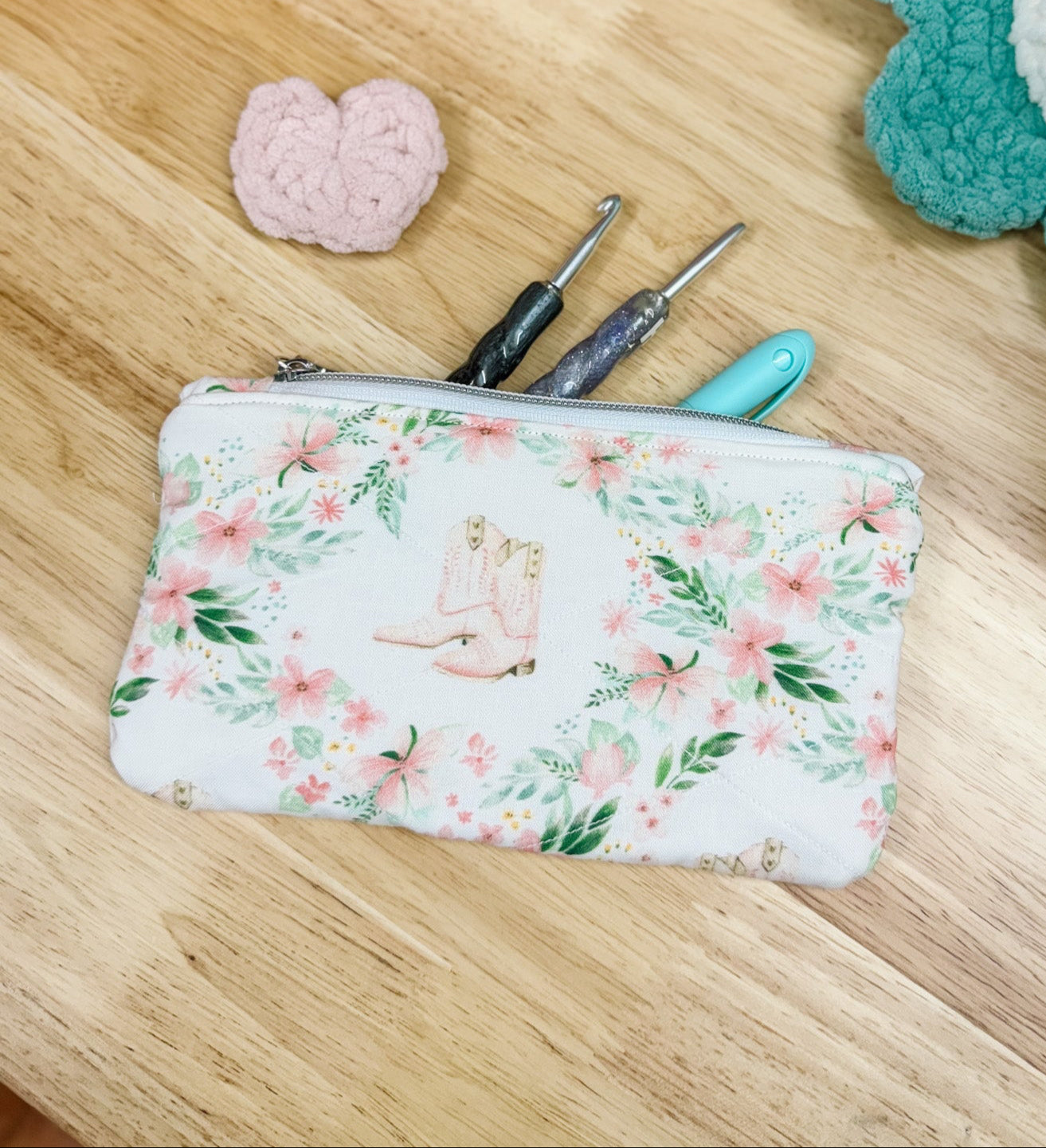 Pink Cowboy Boots & Green Floral Flat Quilted Pouch