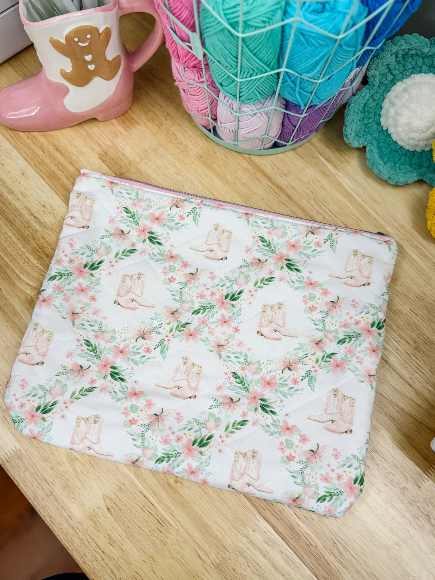 Pink Cowboy Boots Floral Quilted Laptop Sleeve