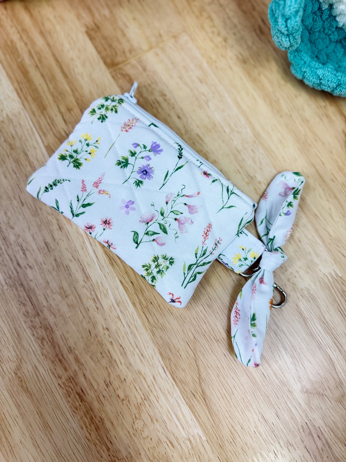 White Floral Quilted Keychain Pouch with Bow