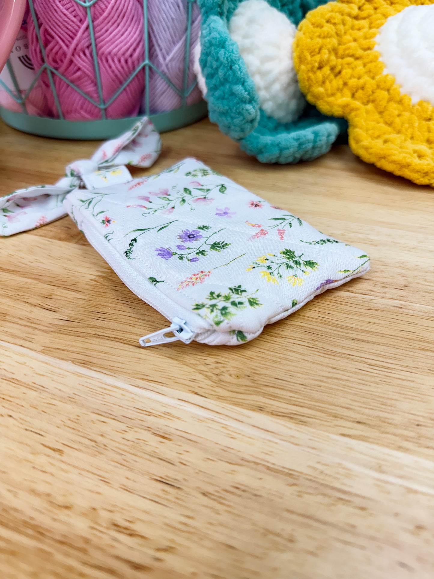White Floral Quilted Keychain Pouch with Bow