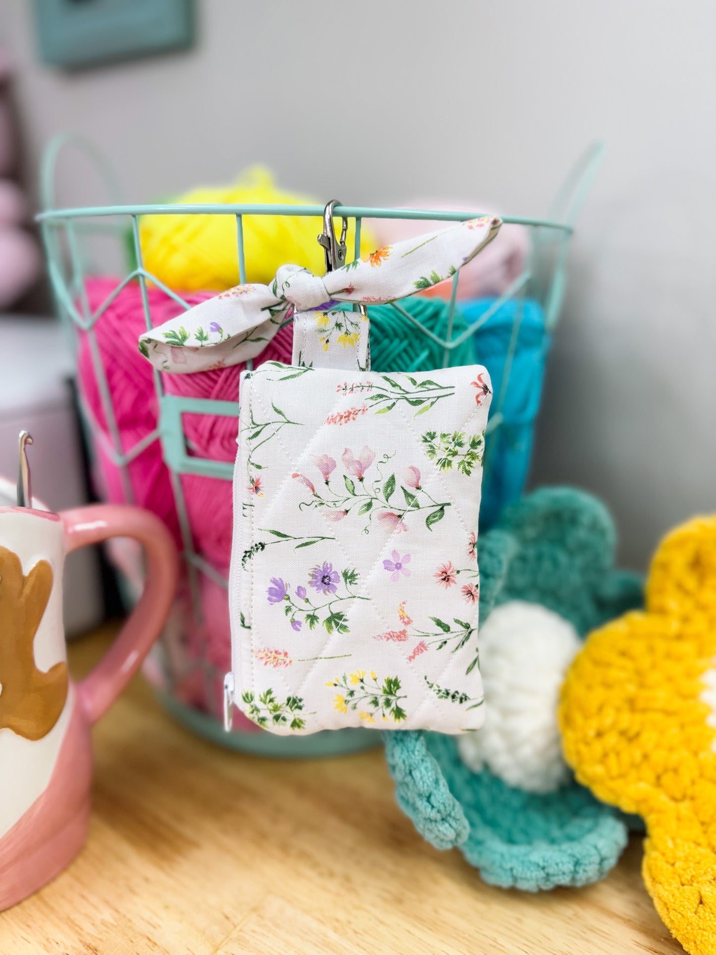 White Floral Quilted Keychain Pouch with Bow