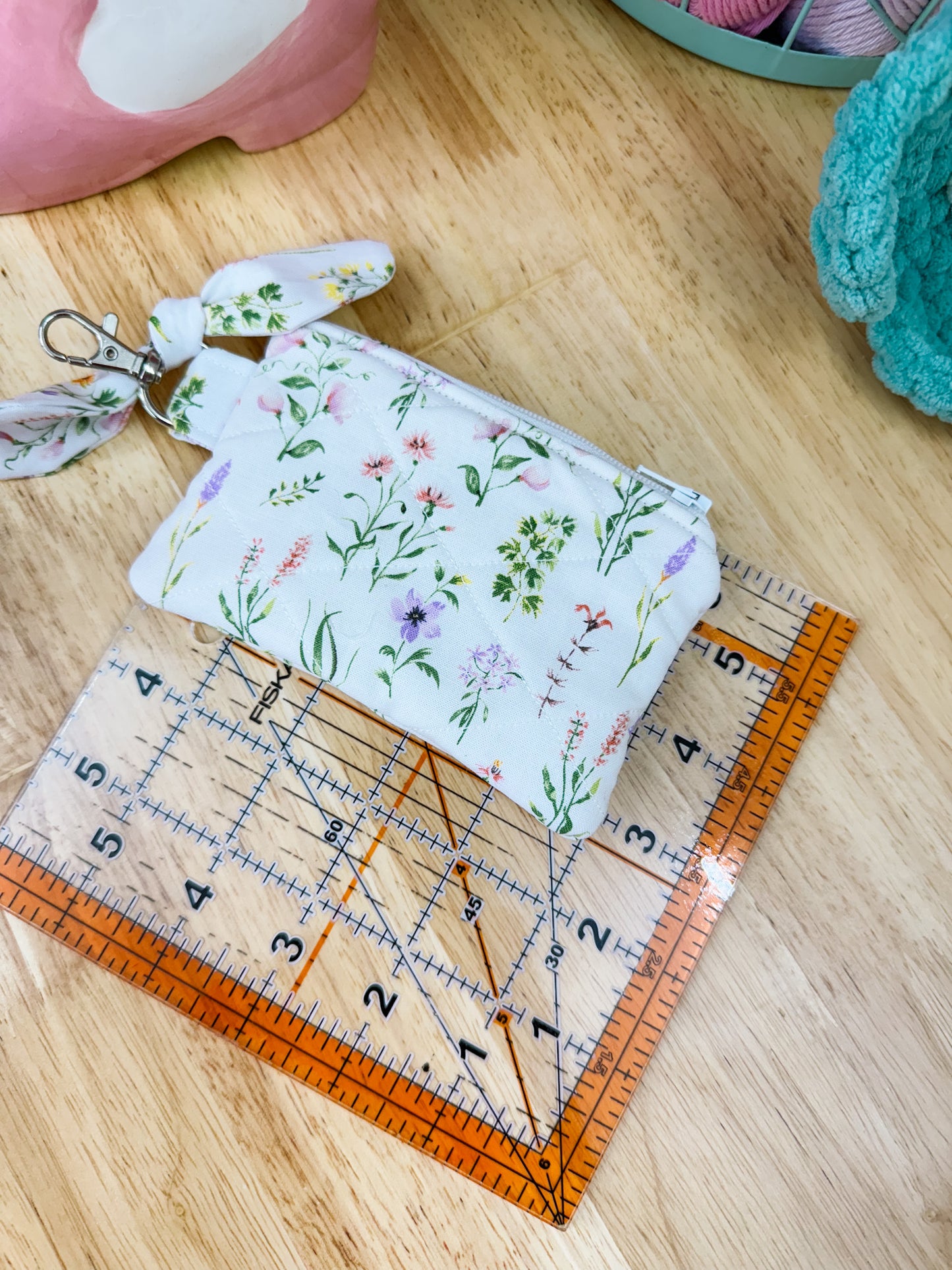 White Floral Quilted Keychain Pouch with Bow