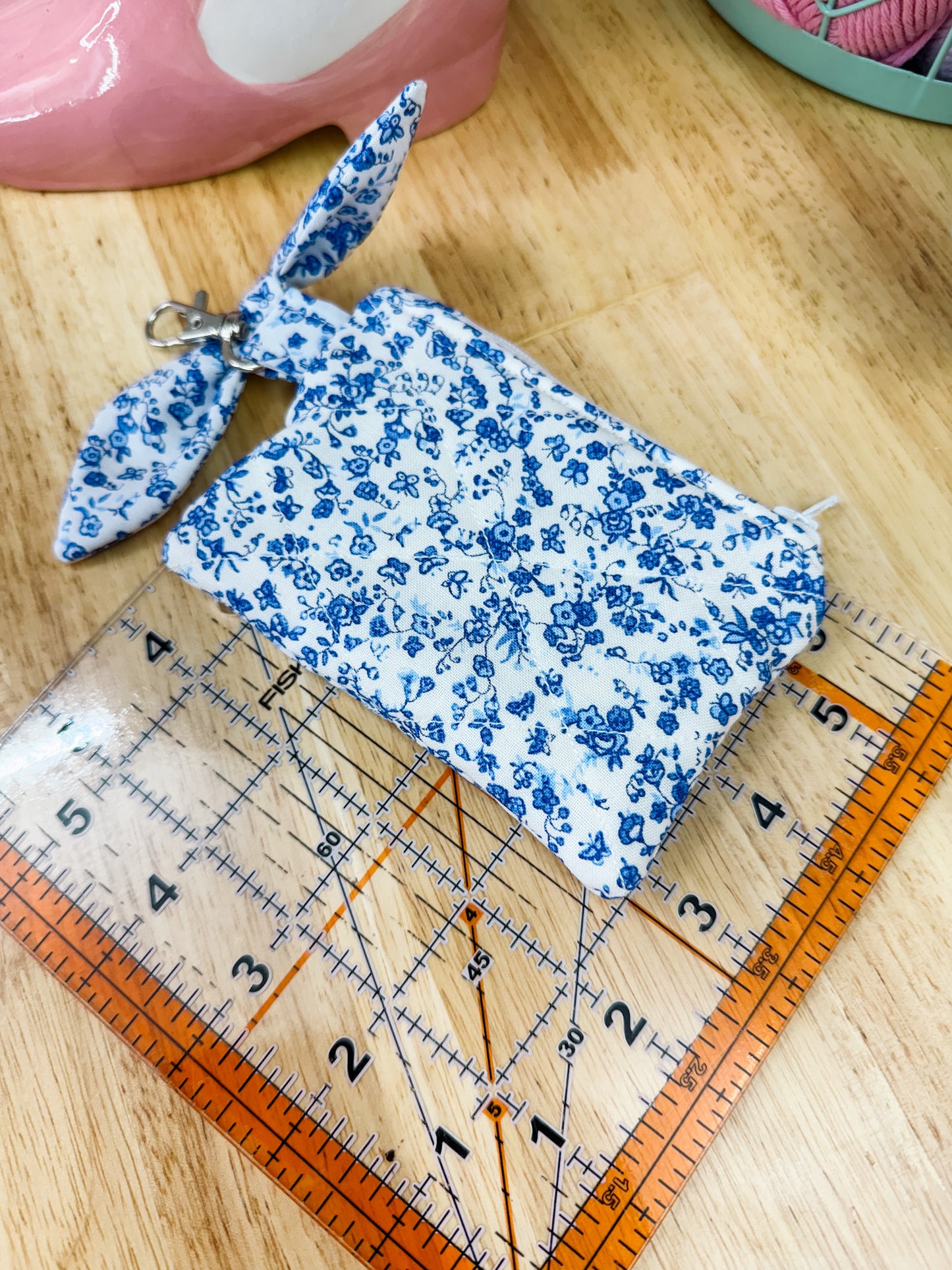 Vintage Blue Floral Quilted Keychain Pouch with Bow