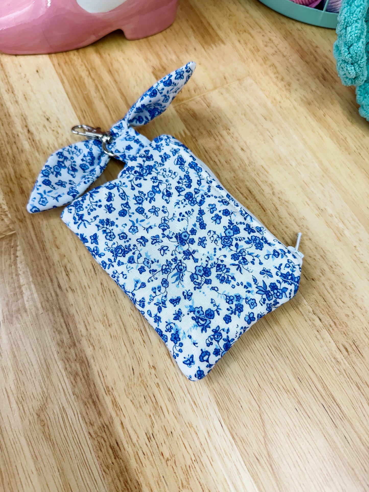 Vintage Blue Floral Quilted Keychain Pouch with Bow