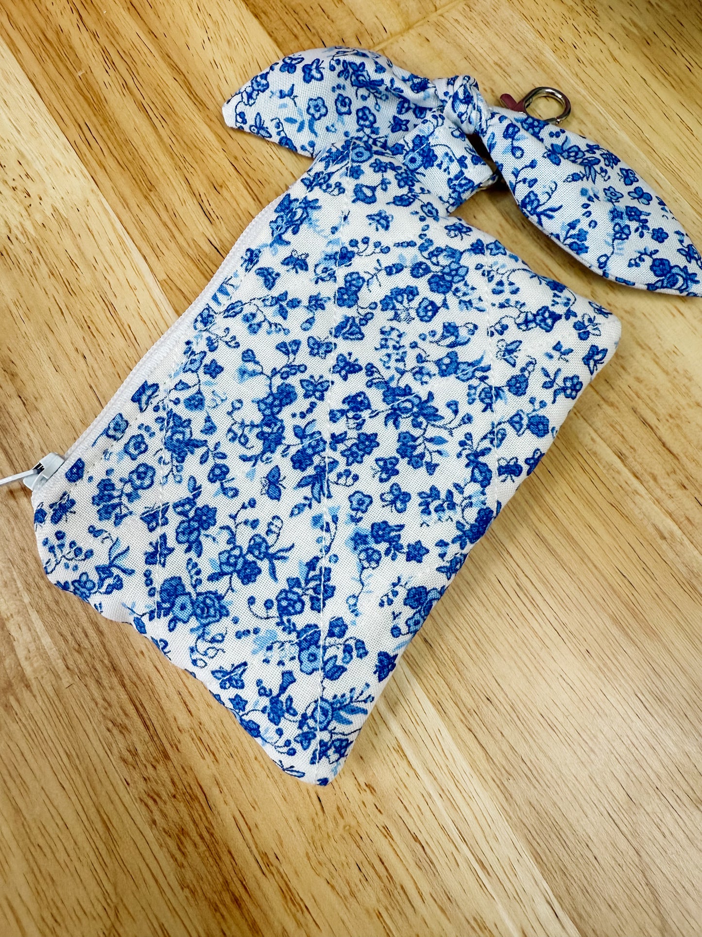 Vintage Blue Floral Quilted Keychain Pouch with Bow