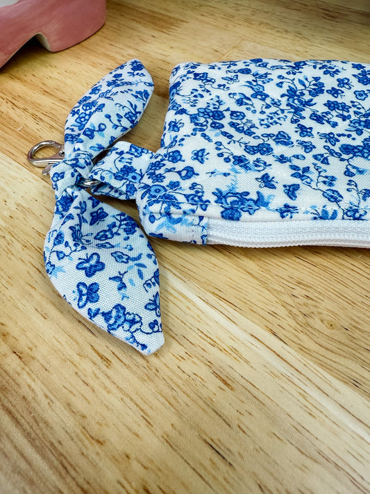 Blue & White Floral Quilted Keychain Pouch with Bow