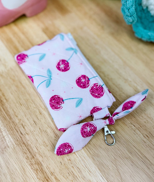 Pink Cherry Quilted Keychain Pouch with Bow