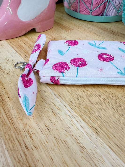 Pink Cherry Quilted Keychain Pouch with Bow