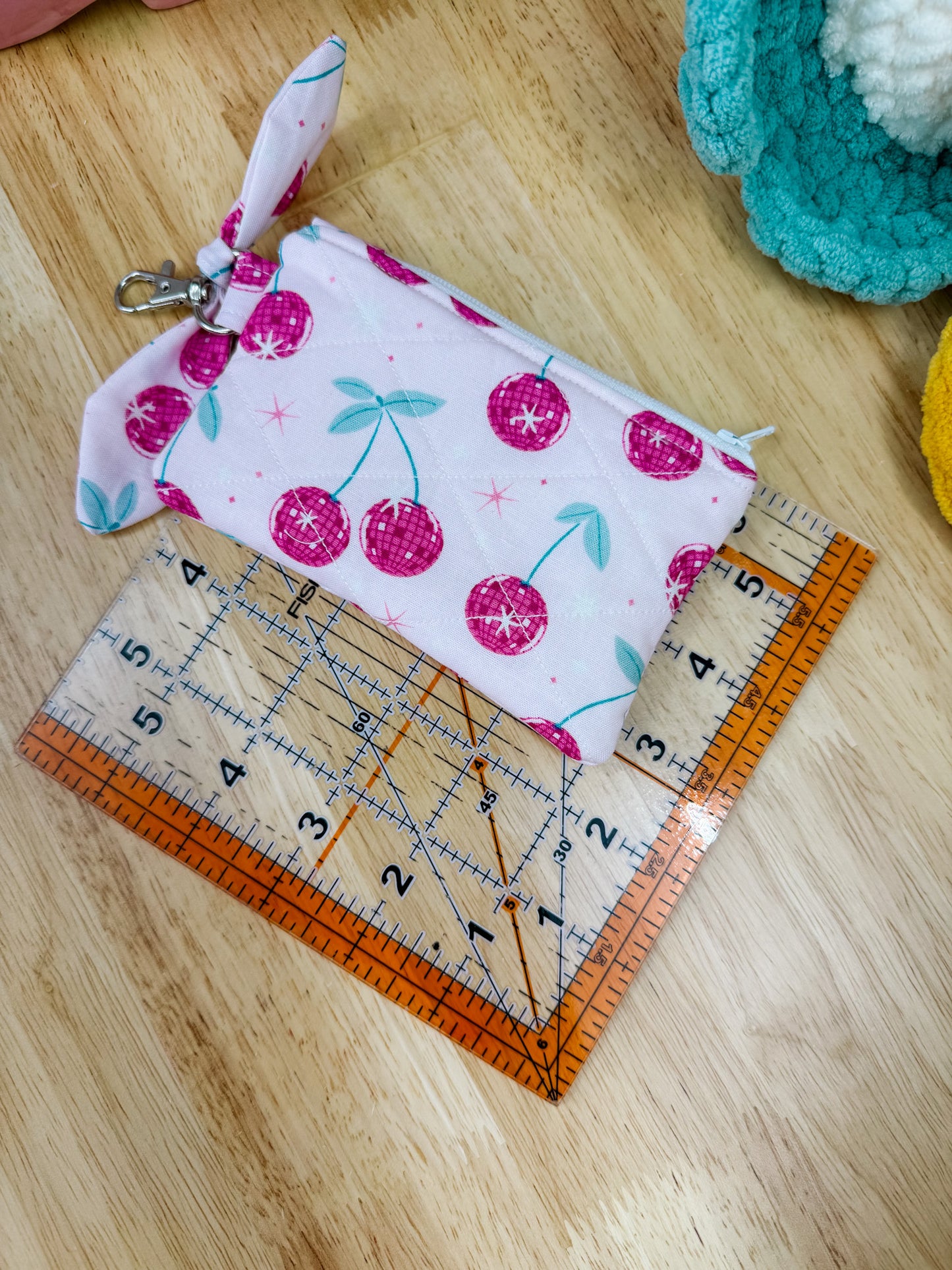Pink Cherry Quilted Keychain Pouch with Bow
