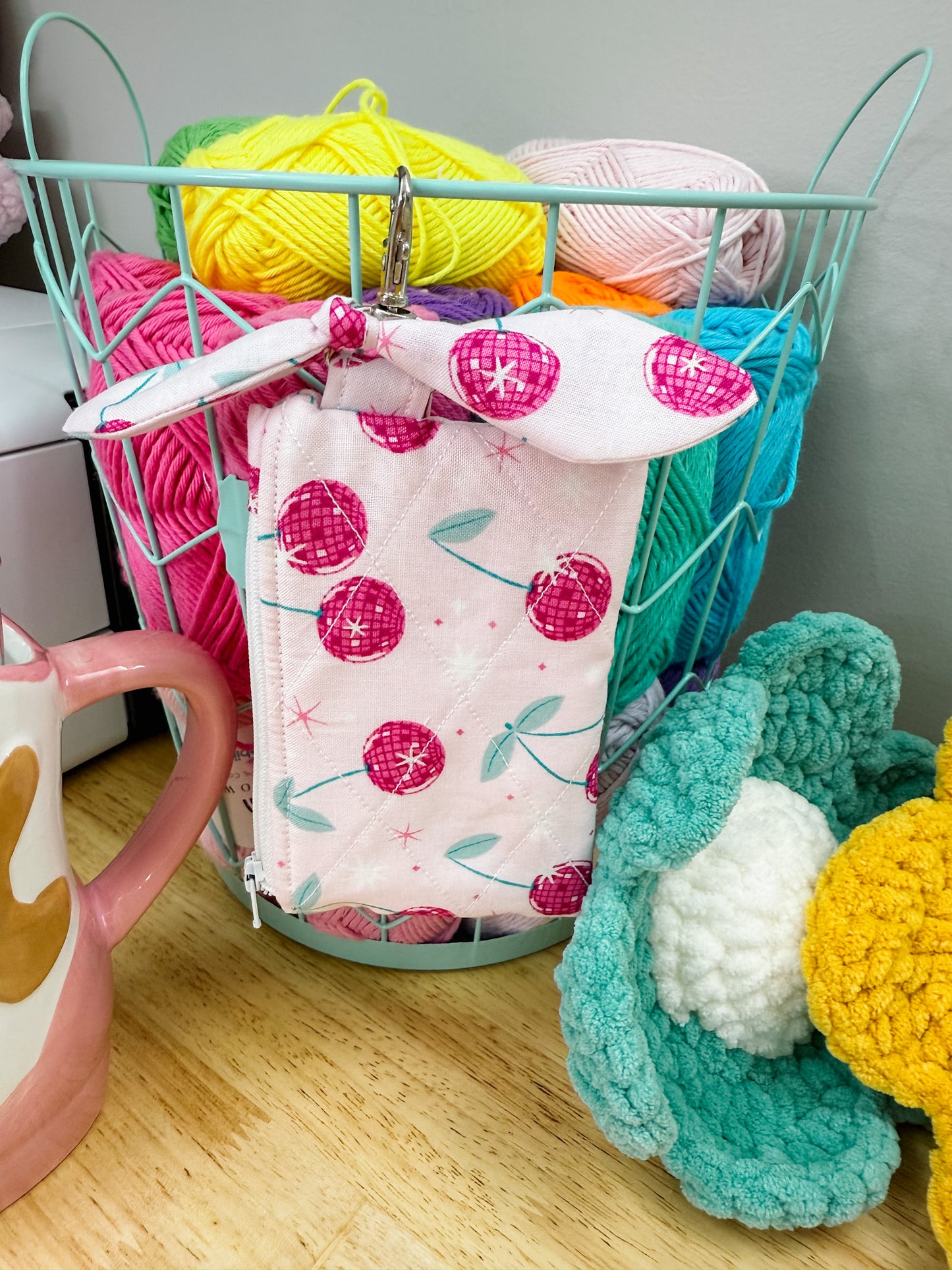Pink Cherry Quilted Keychain Pouch with Bow