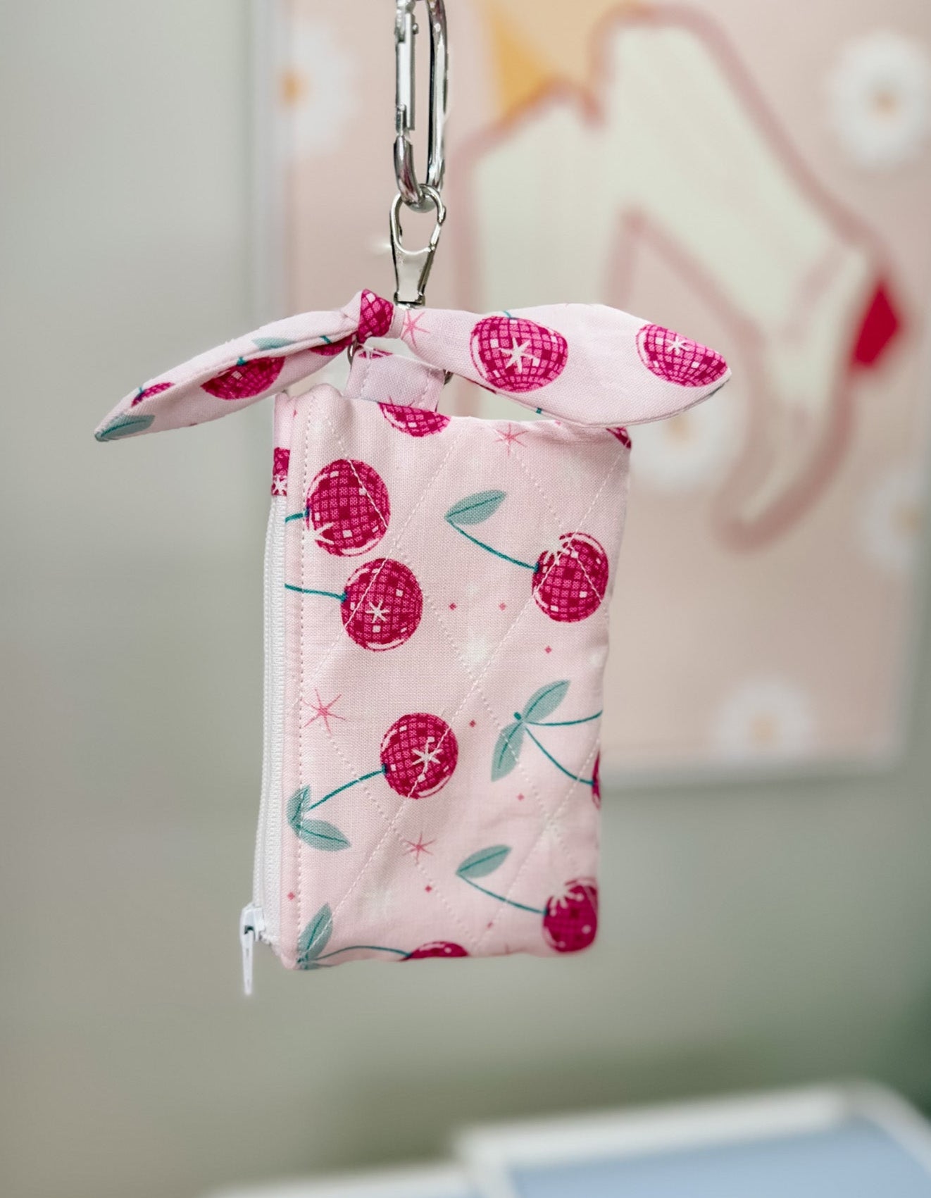 Pink Cherry Quilted Keychain Pouch with Bow