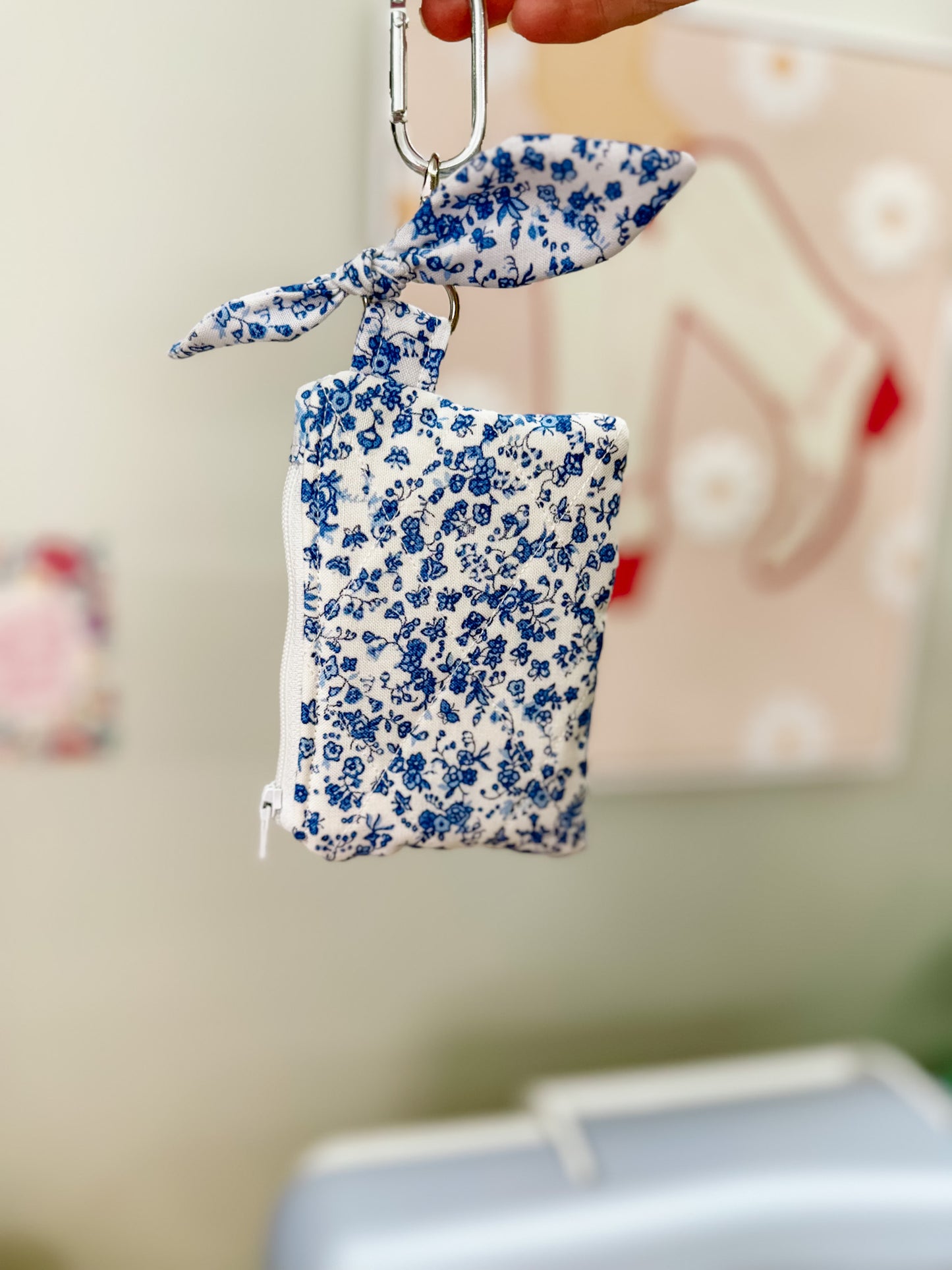 Vintage Blue Floral Quilted Keychain Pouch with Bow