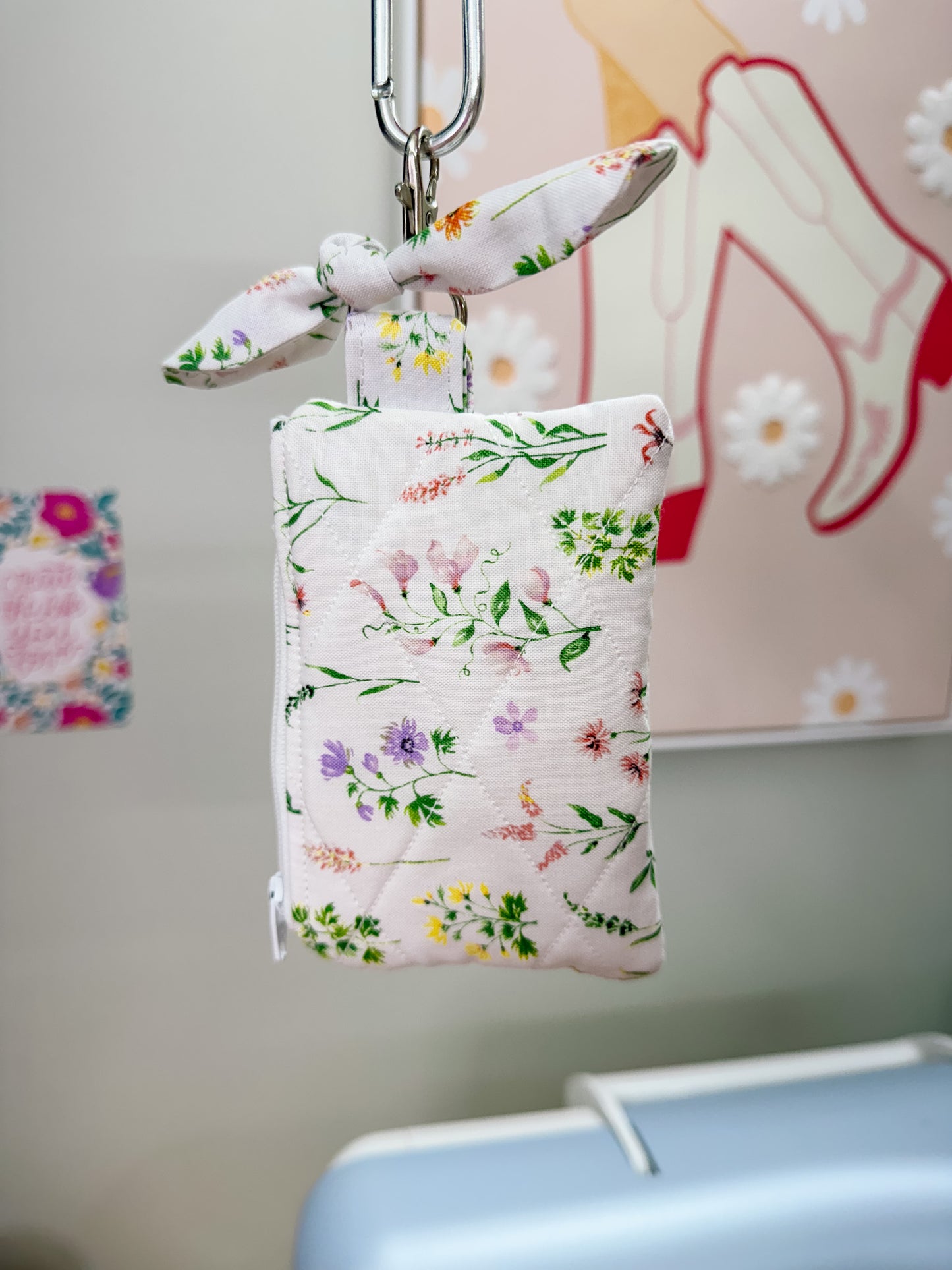 White Floral Quilted Keychain Pouch with Bow