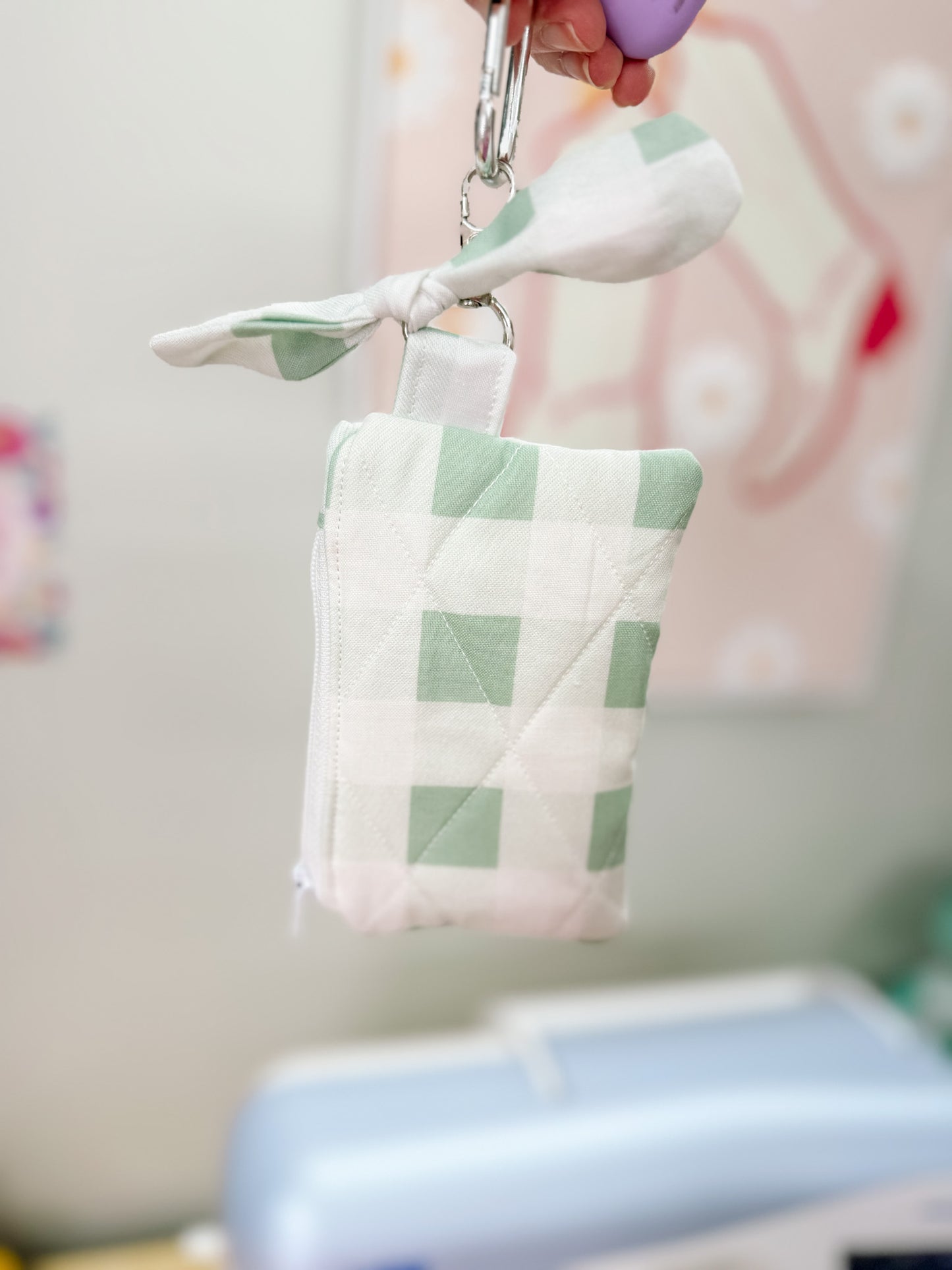 Green Plaid Quilted Keychain Pouch with Bow