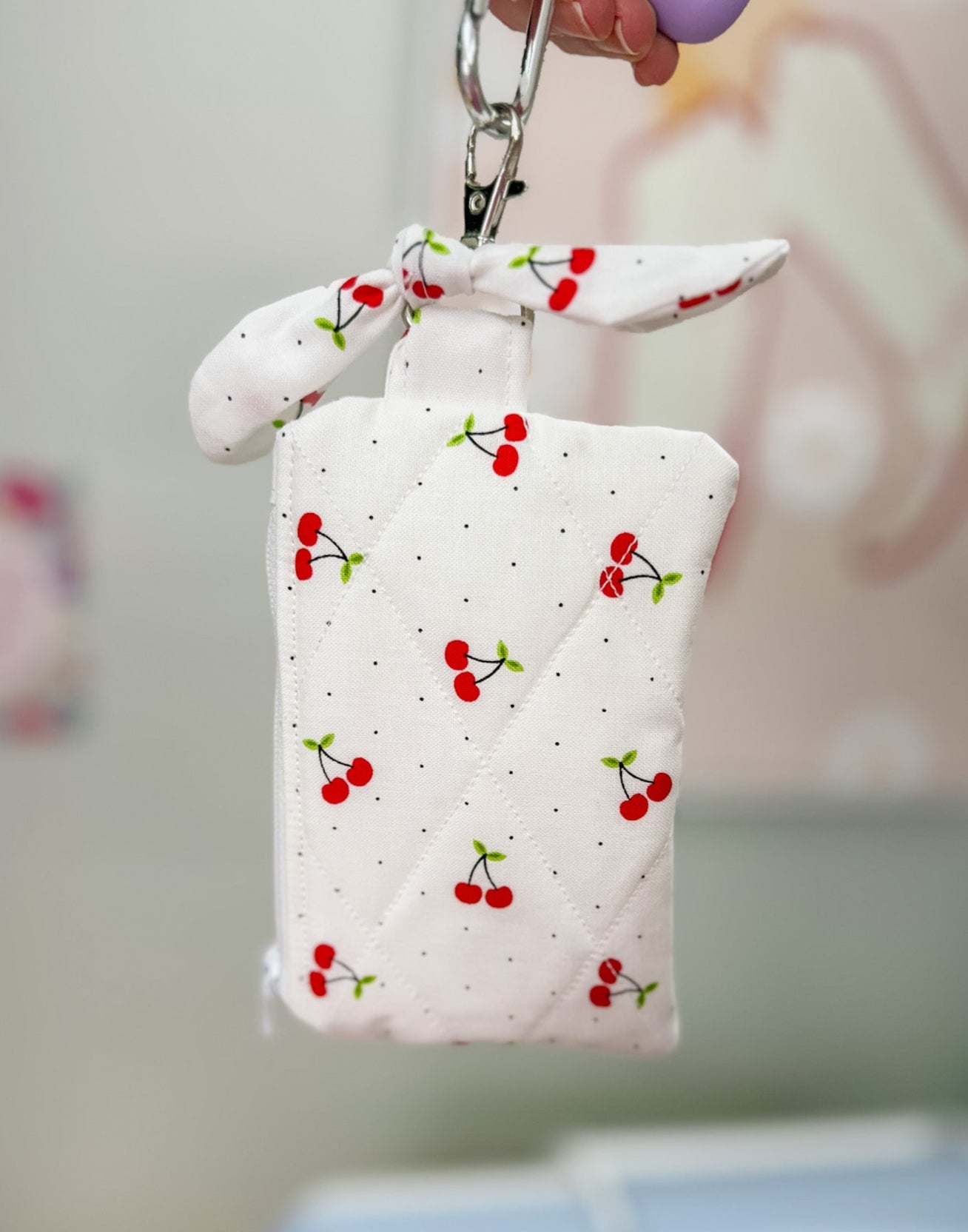 Red Cherry Polka Dot Quilted Keychain Pouch with Bow