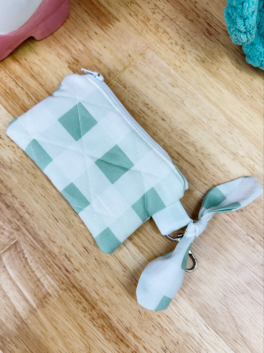 Green Gingham Quilted Keychain Pouch with Bow
