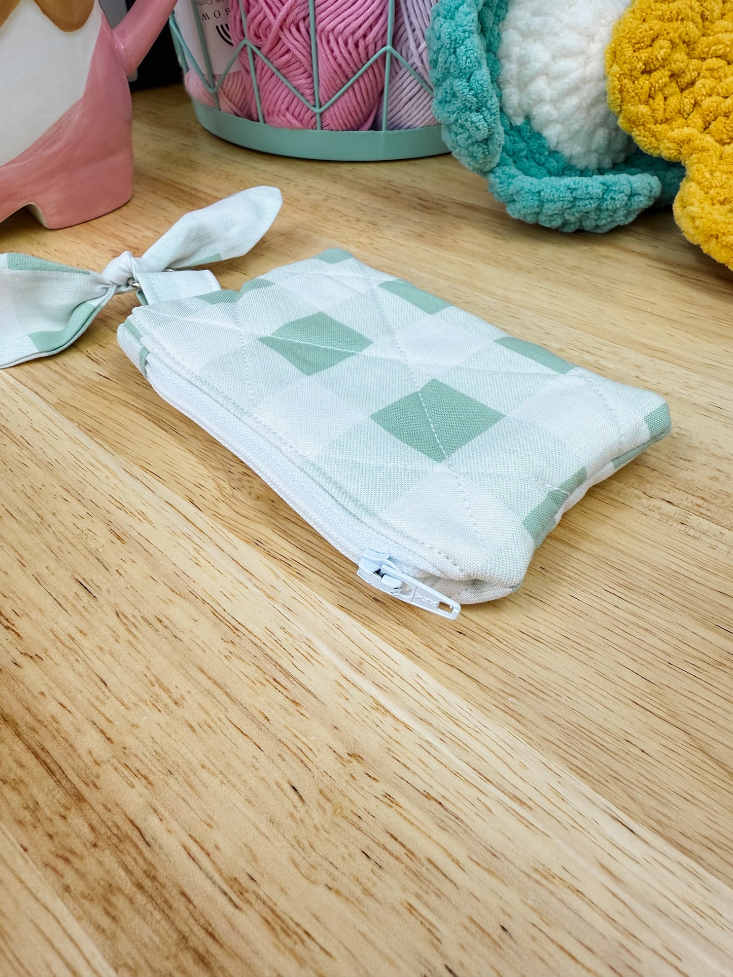Green Plaid Quilted Keychain Pouch with Bow