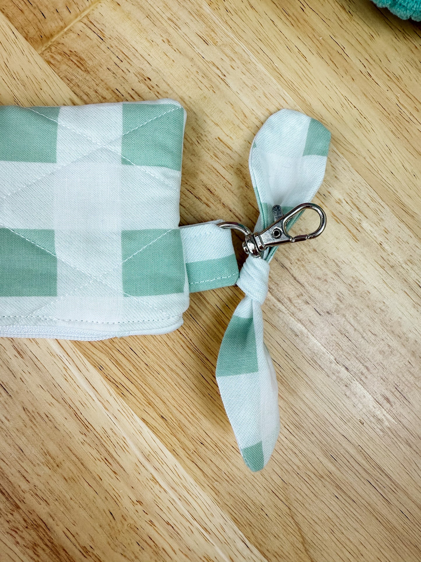 Green Plaid Quilted Keychain Pouch with Bow