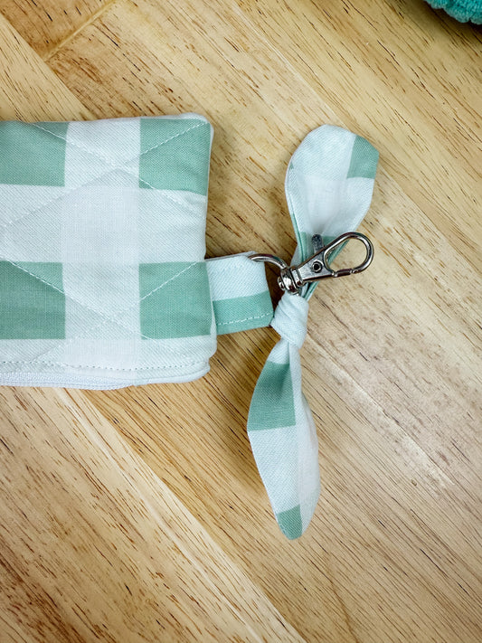 Green Gingham Quilted Keychain Pouch with Bow