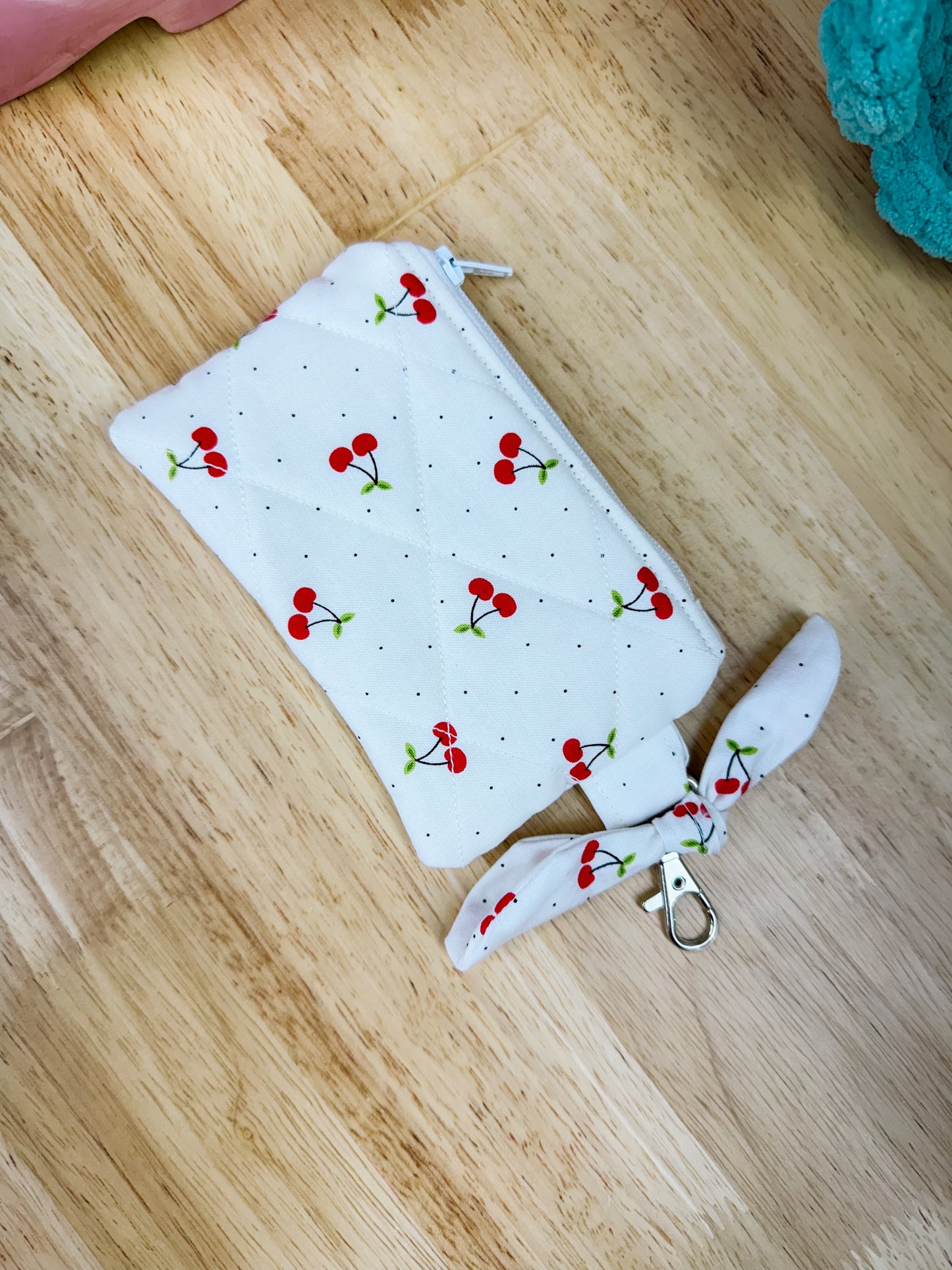 Red Cherry Polka Dot Quilted Keychain Pouch with Bow