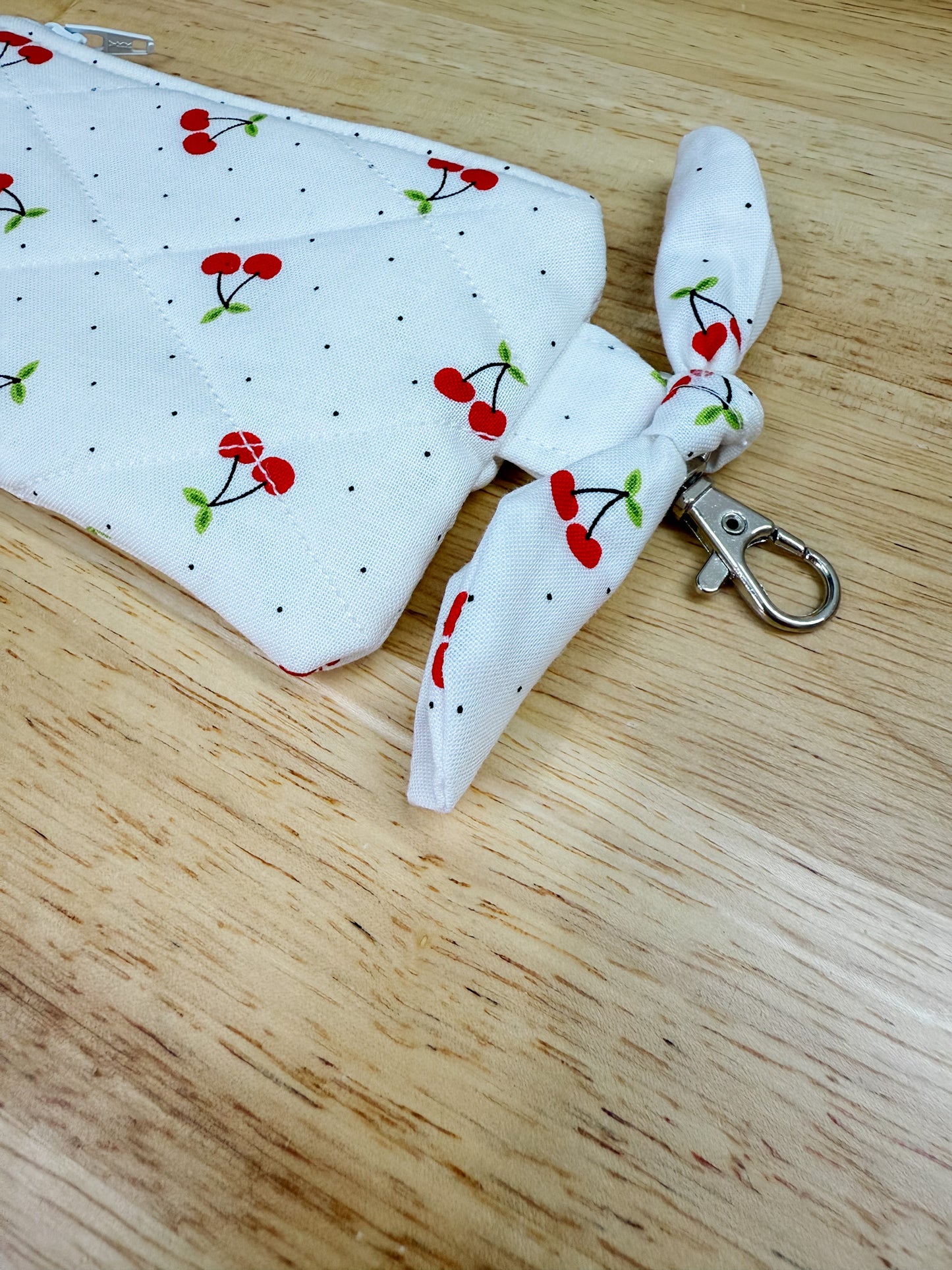 Red Cherry Polka Dot Quilted Keychain Pouch with Bow