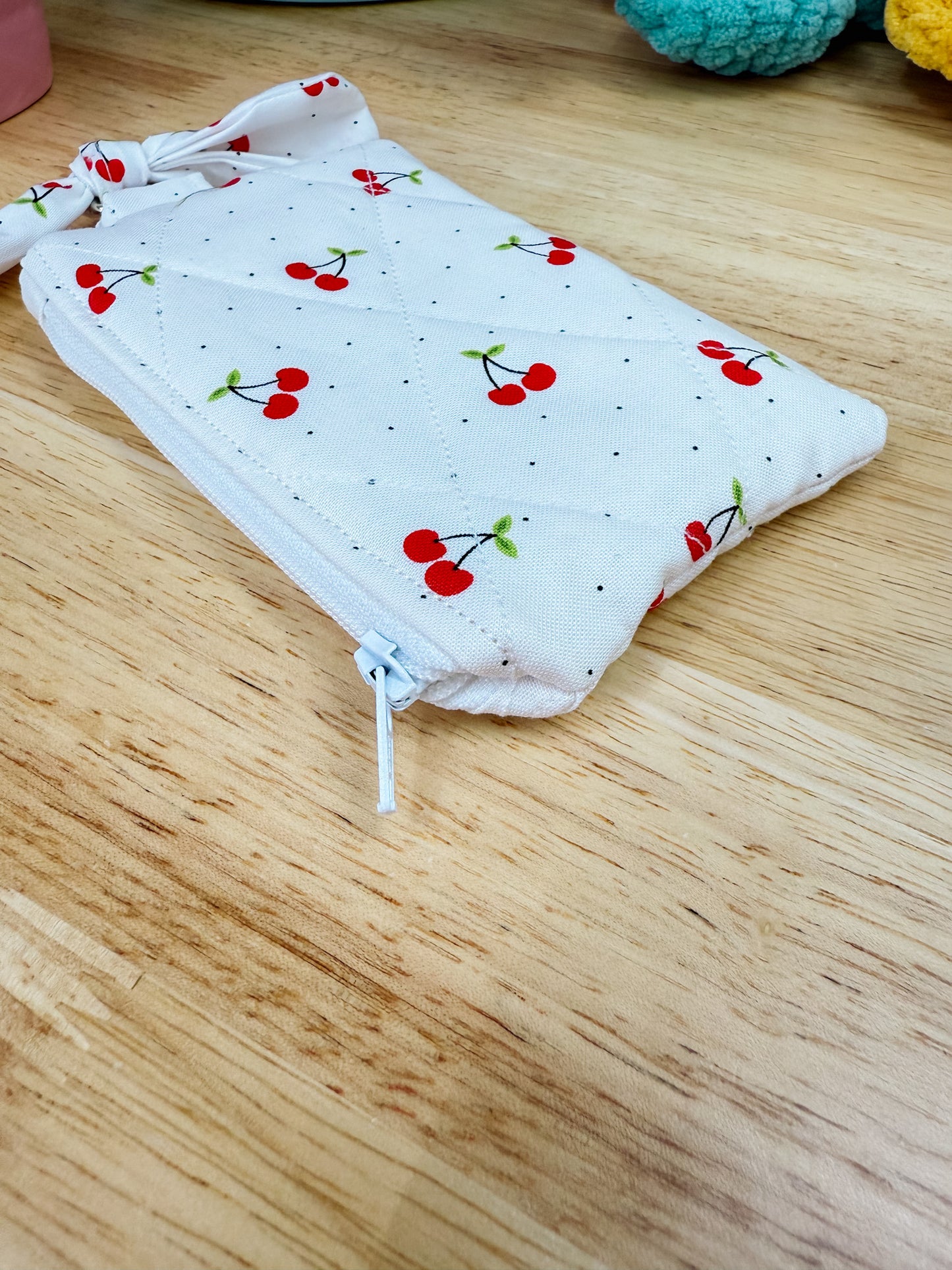 Red Cherry Polka Dot Quilted Keychain Pouch with Bow