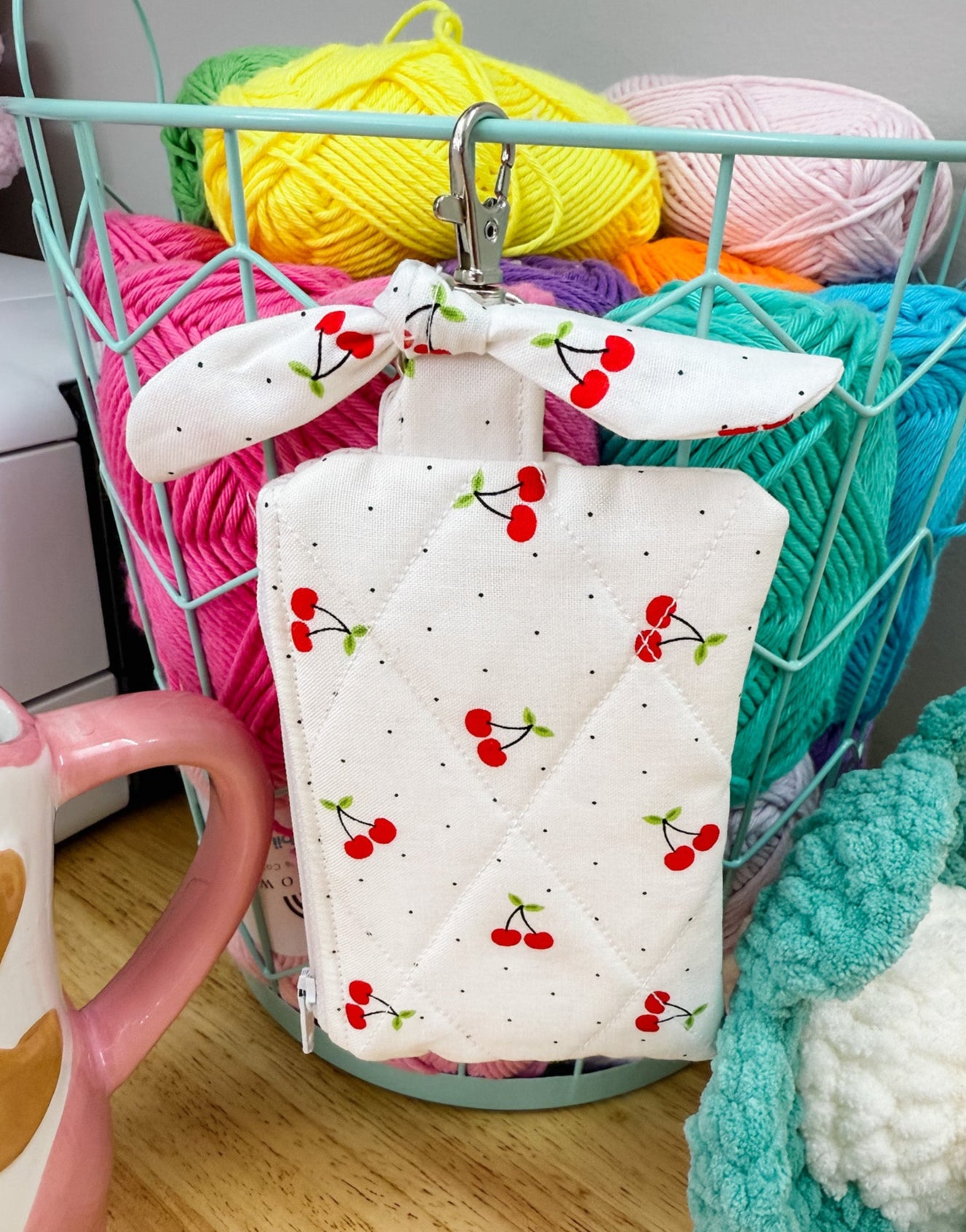 Red Cherry Polka Dot Quilted Keychain Pouch with Bow