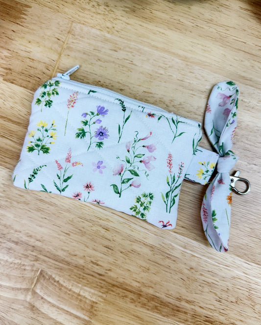White Floral Quilted Keychain Pouch with Bow