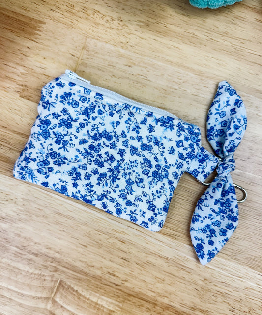 Blue & White Floral Quilted Keychain Pouch with Bow