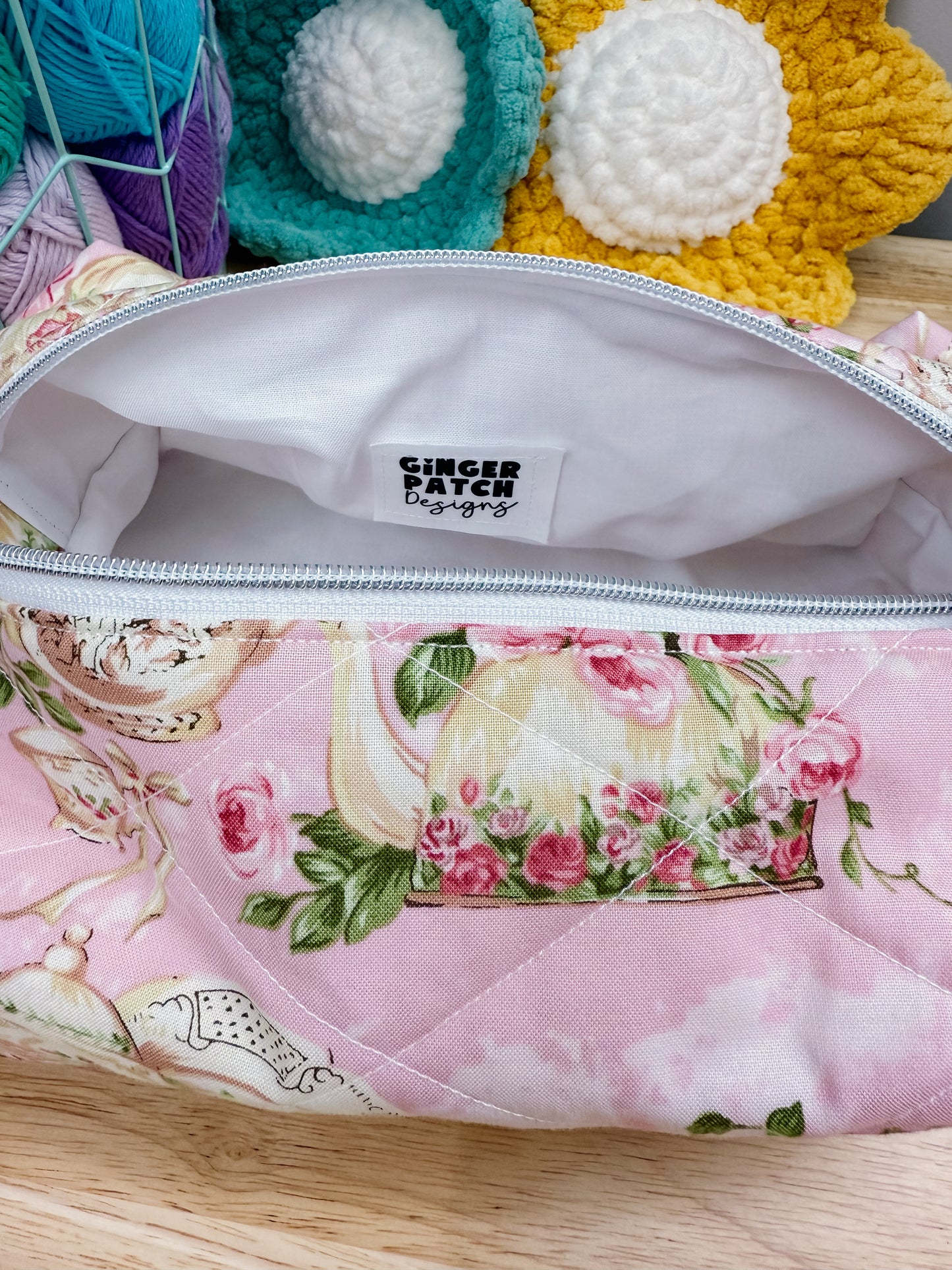 Pink Rose Tea Set Large Quilted Boxy Bag