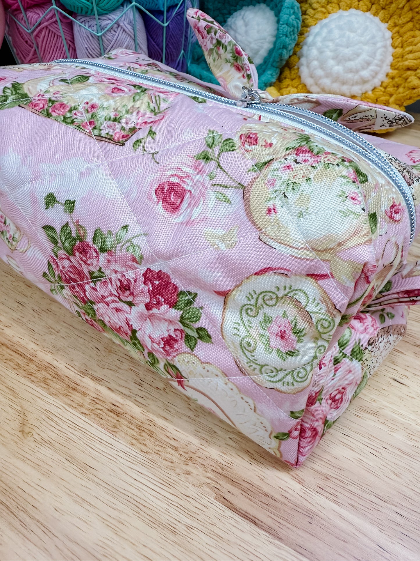 Pink Rose Tea Set Large Quilted Boxy Bag