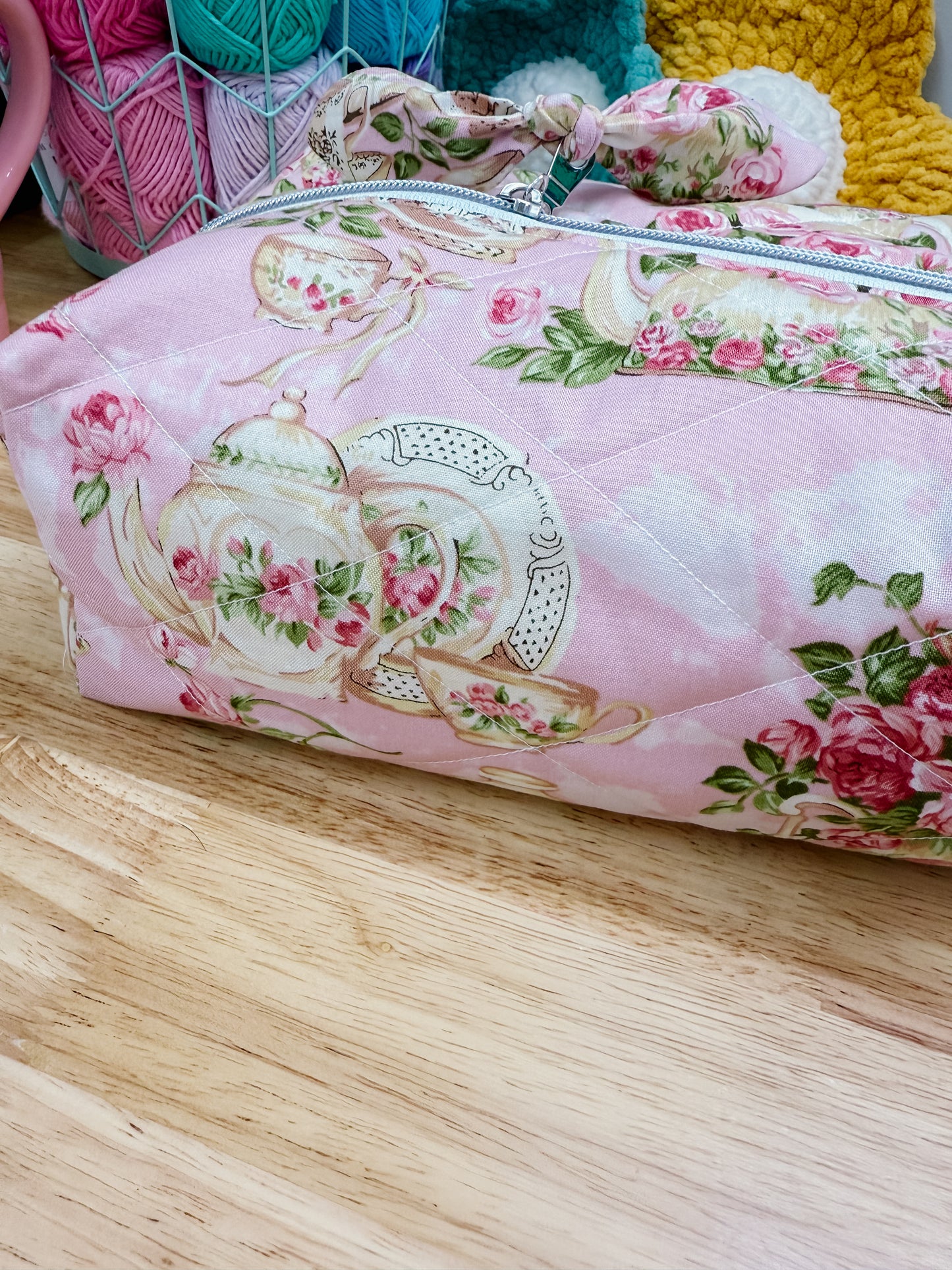 Pink Rose Tea Set Large Quilted Boxy Bag