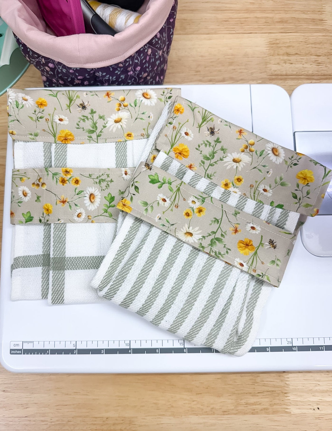 Hanging Dish Towel SET of 2 Wildflower Bees Green Plaid