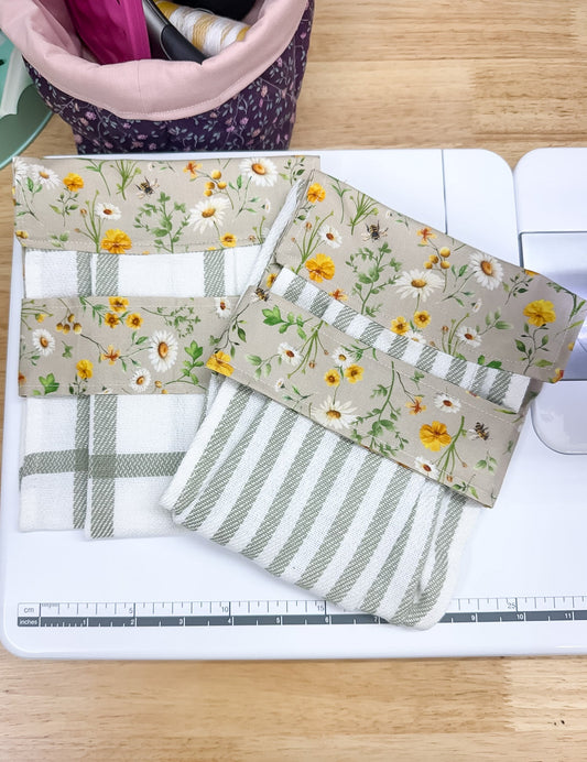 Hanging Dish Towel SET of 2 Wildflower Bees Green Plaid