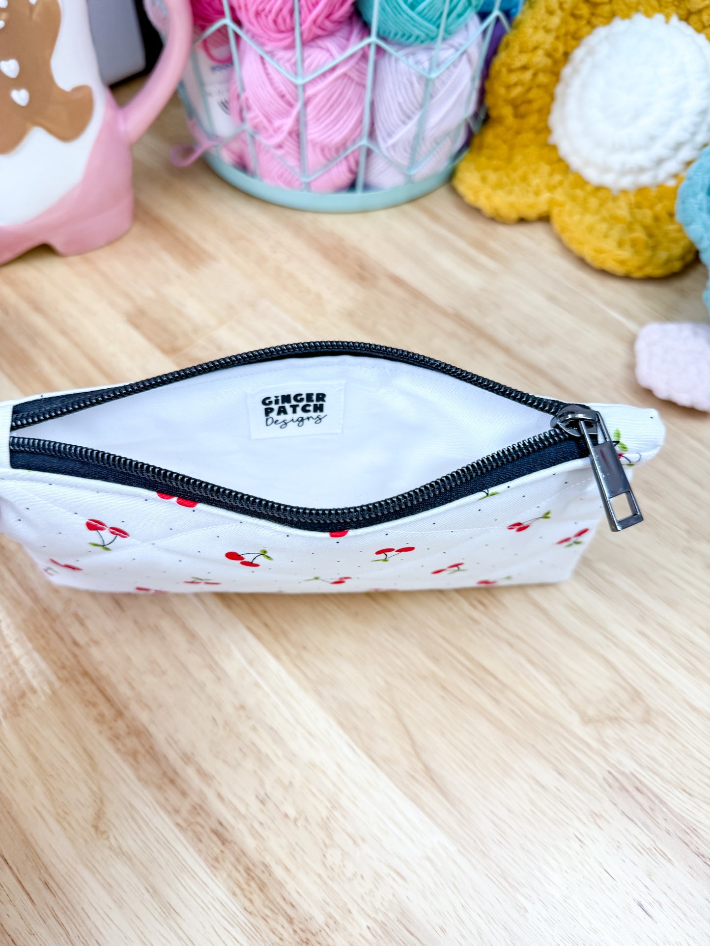 White Cherry Dot Flat Quilted Bow Pouch
