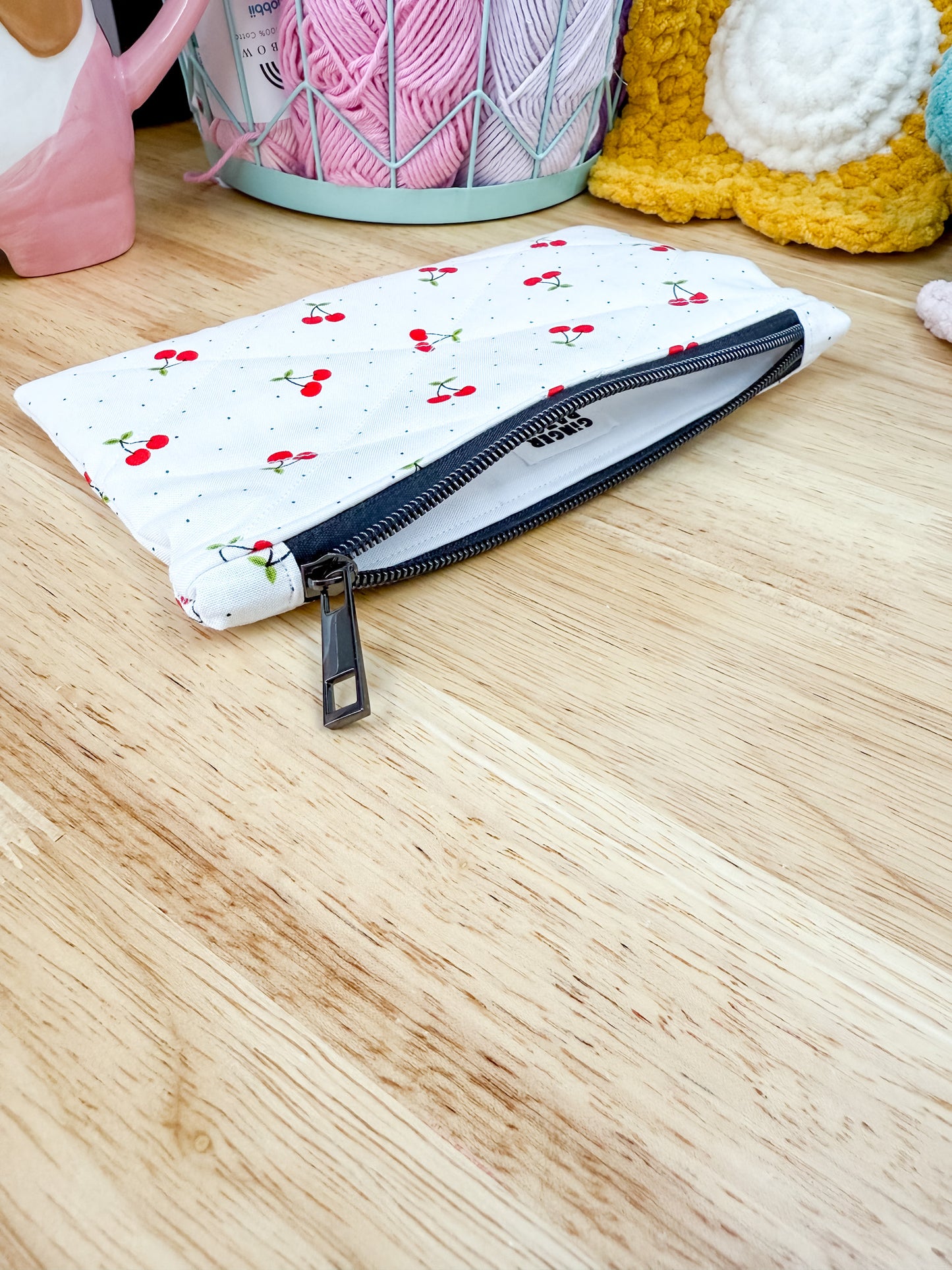 White Cherry Dot Flat Quilted Bow Pouch