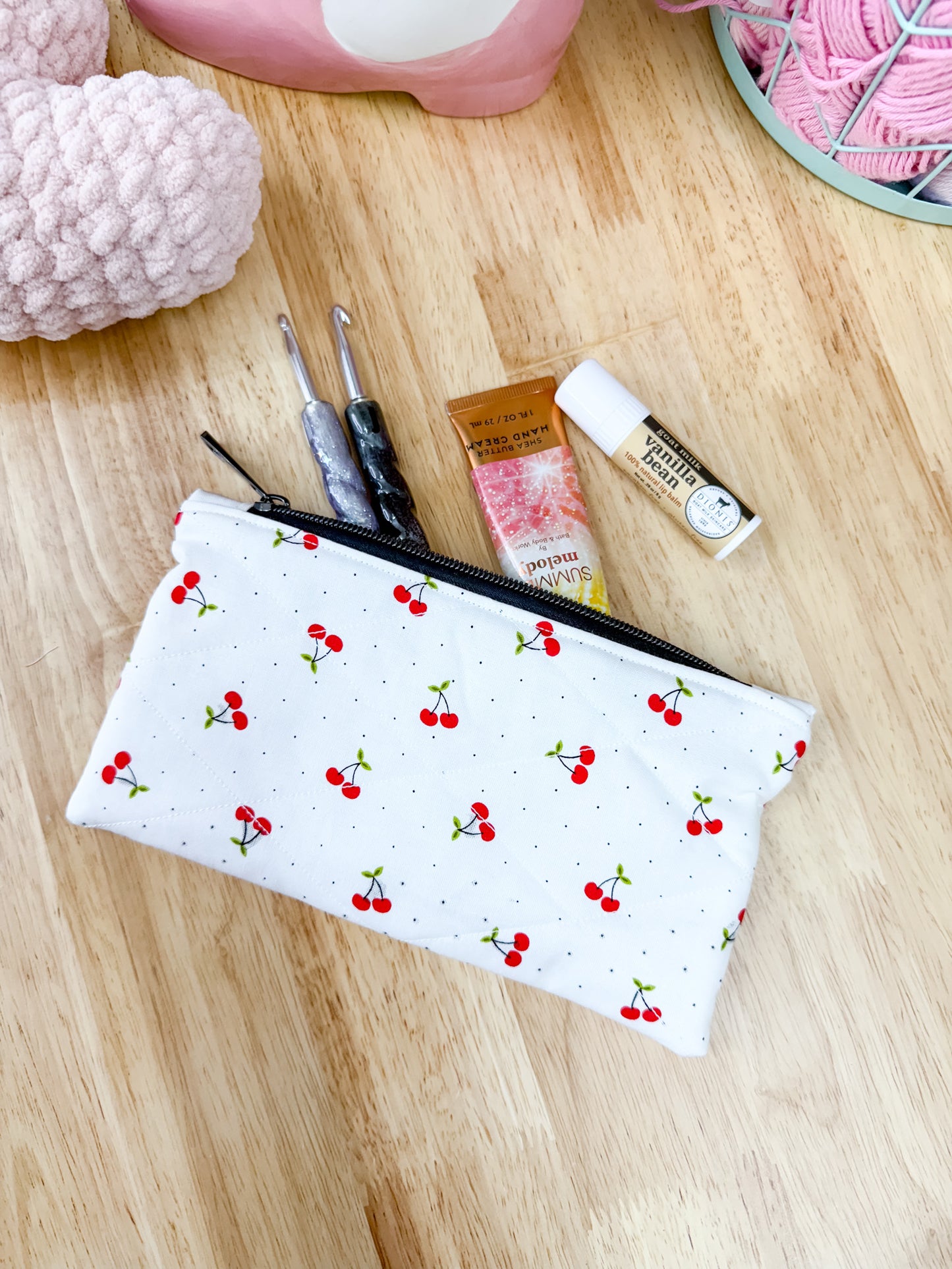 White Cherry Dot Flat Quilted Bow Pouch