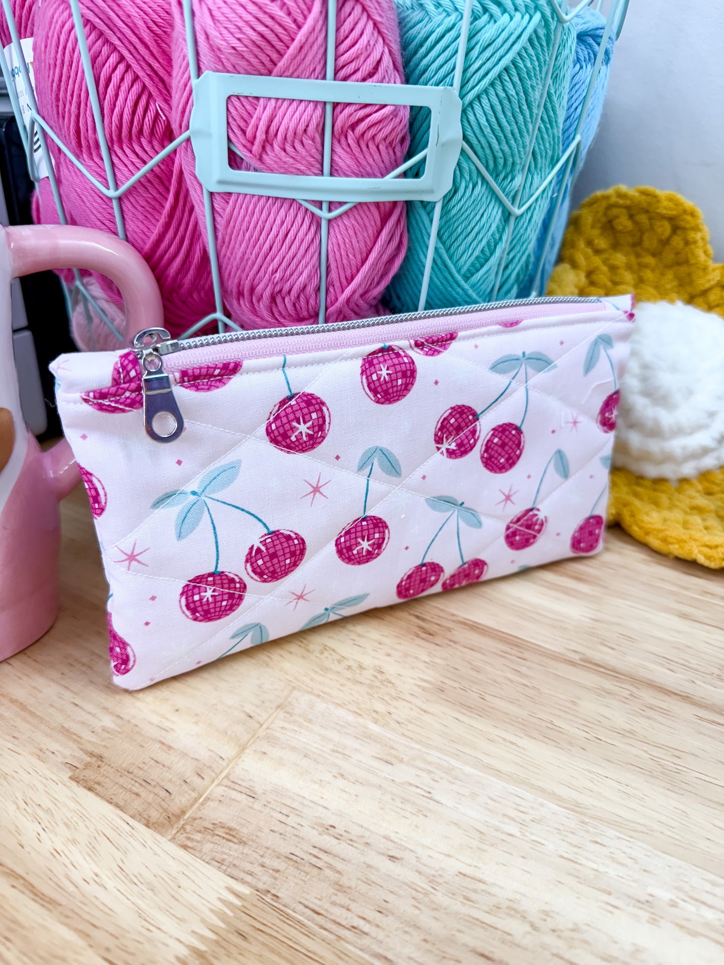 Disco Pink Cherry Flat Quilted Bow Pouch