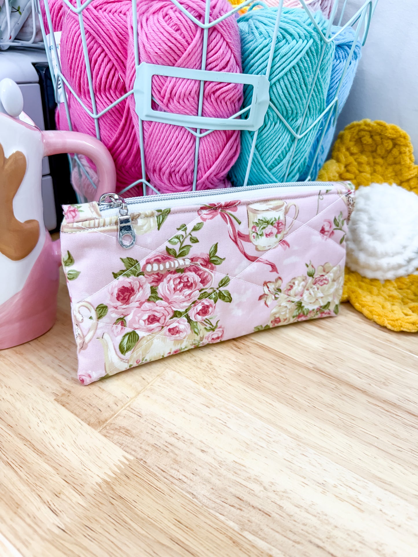 Pink Rose Tea Set Flat Quilted Bow Pouch