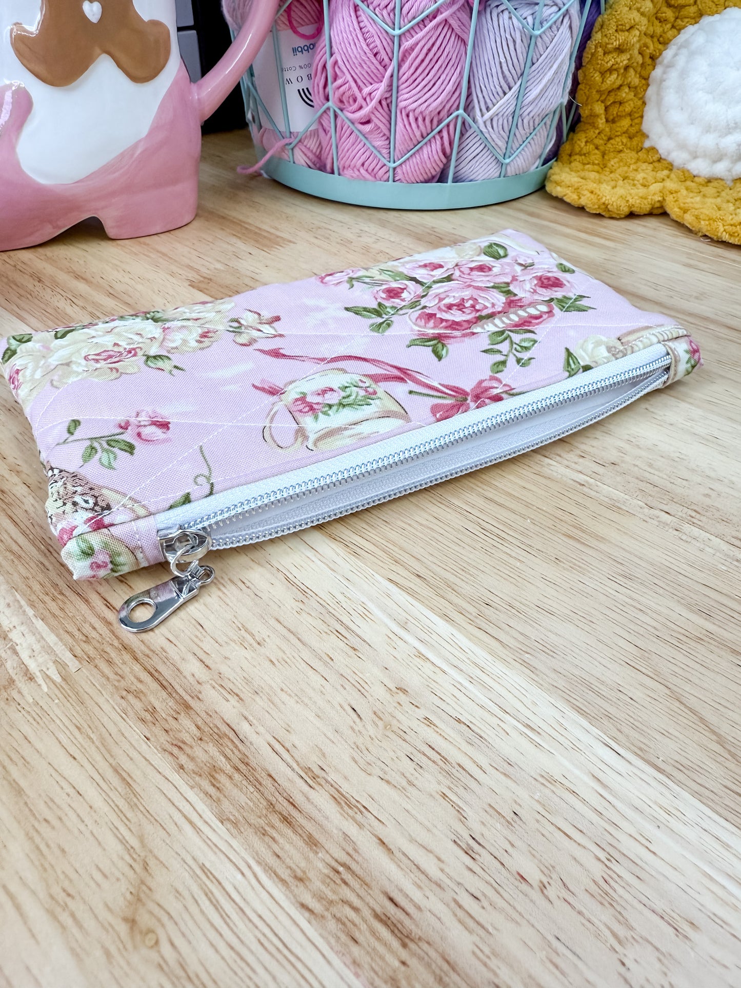 Pink Rose Tea Set Flat Quilted Bow Pouch
