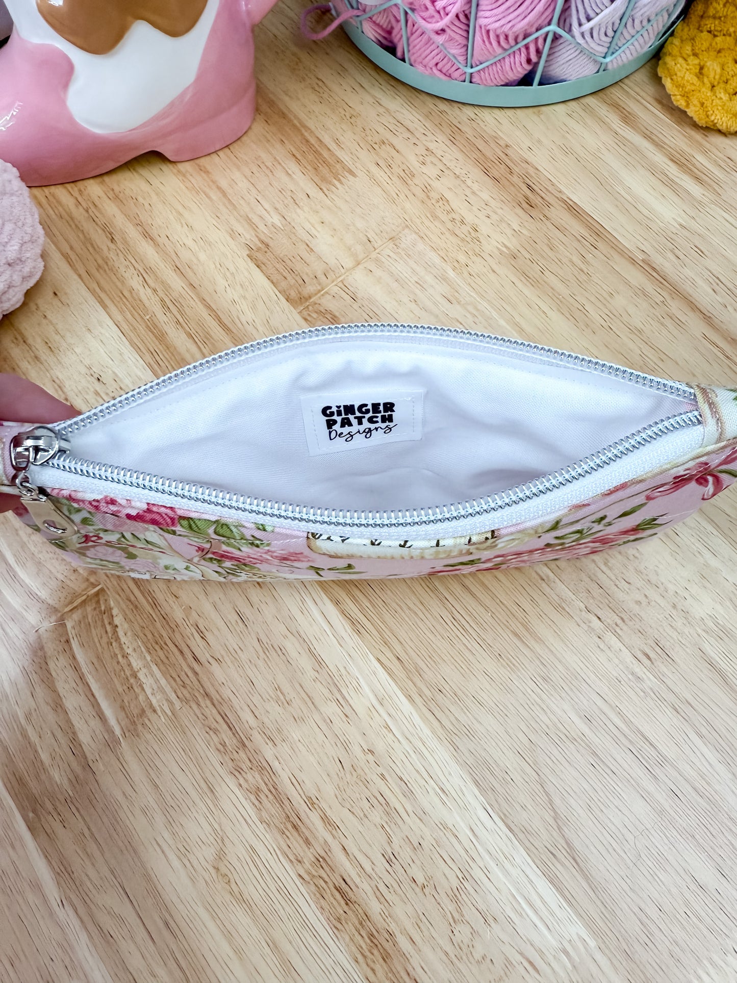 Pink Rose Tea Set Flat Quilted Bow Pouch