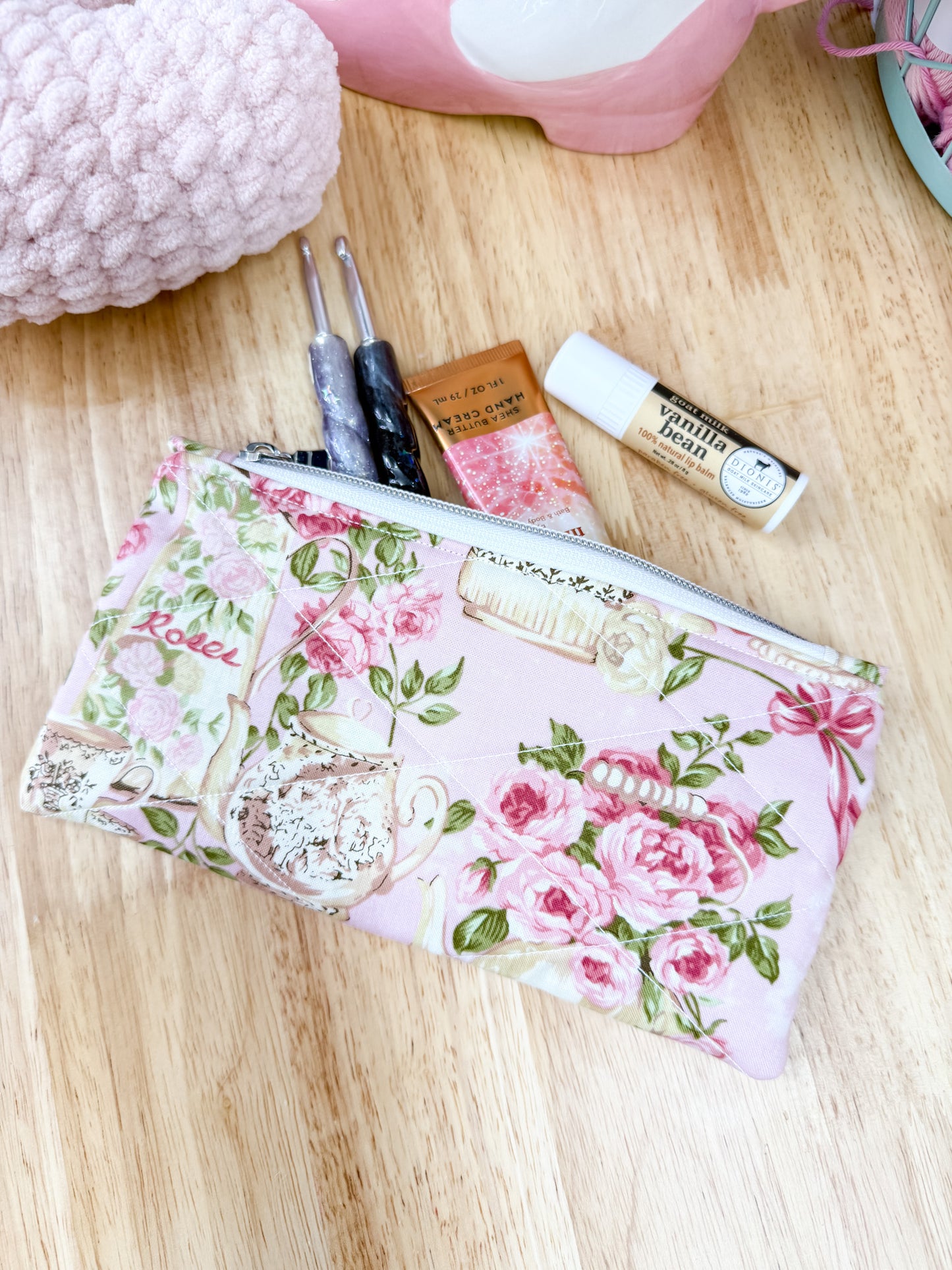 Pink Rose Tea Set Flat Quilted Bow Pouch