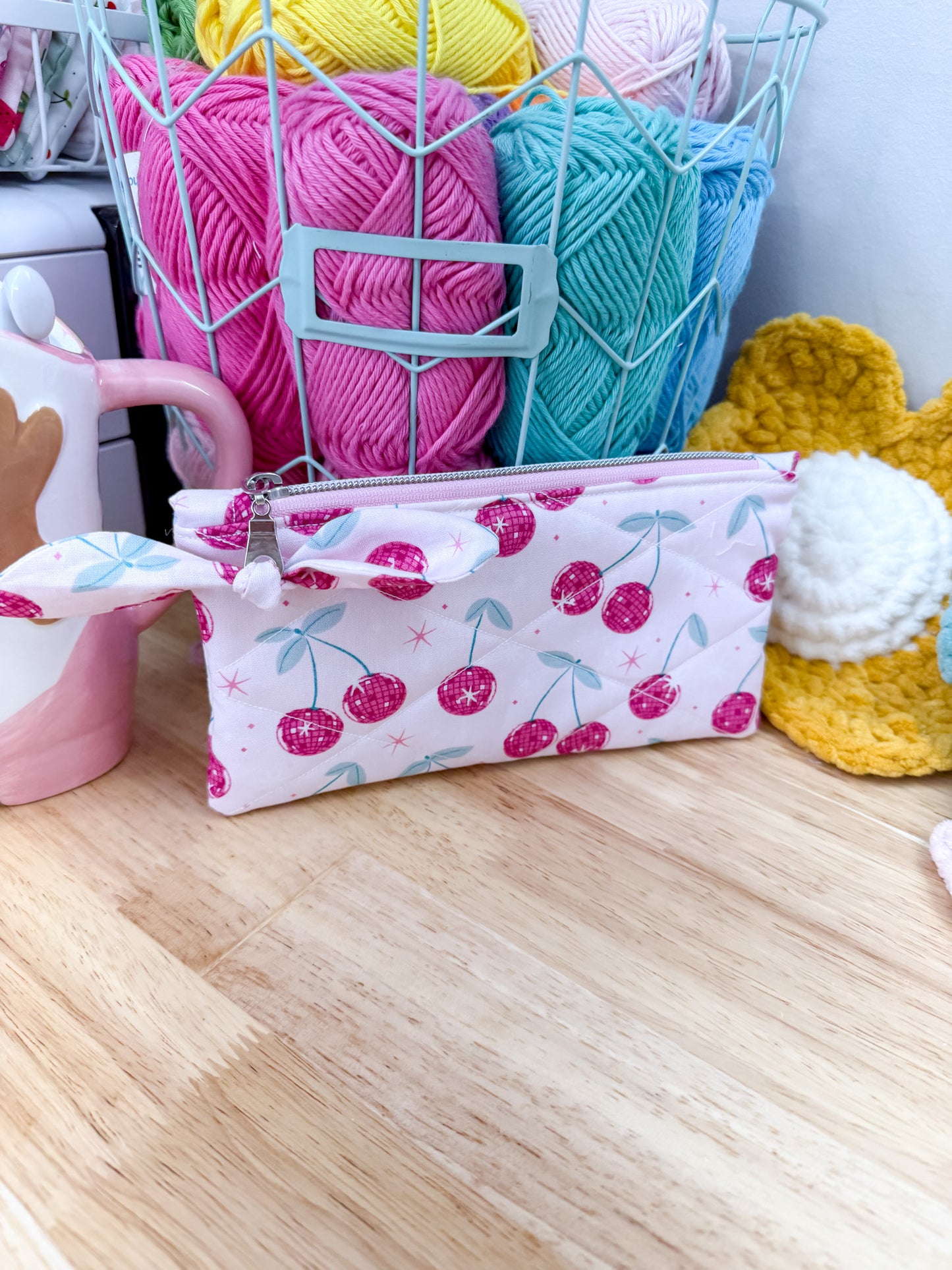 Disco Pink Cherry Flat Quilted Bow Pouch
